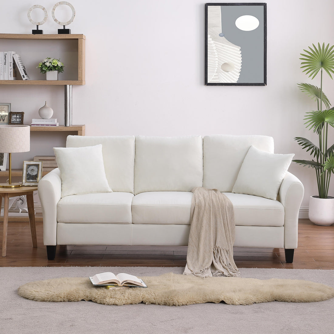 Video Modern Velvet Couch With 2 Pillow, 78 Inch Width Living Room Furniture, 3 Seater Sofa With Plastic Legs White Velvet