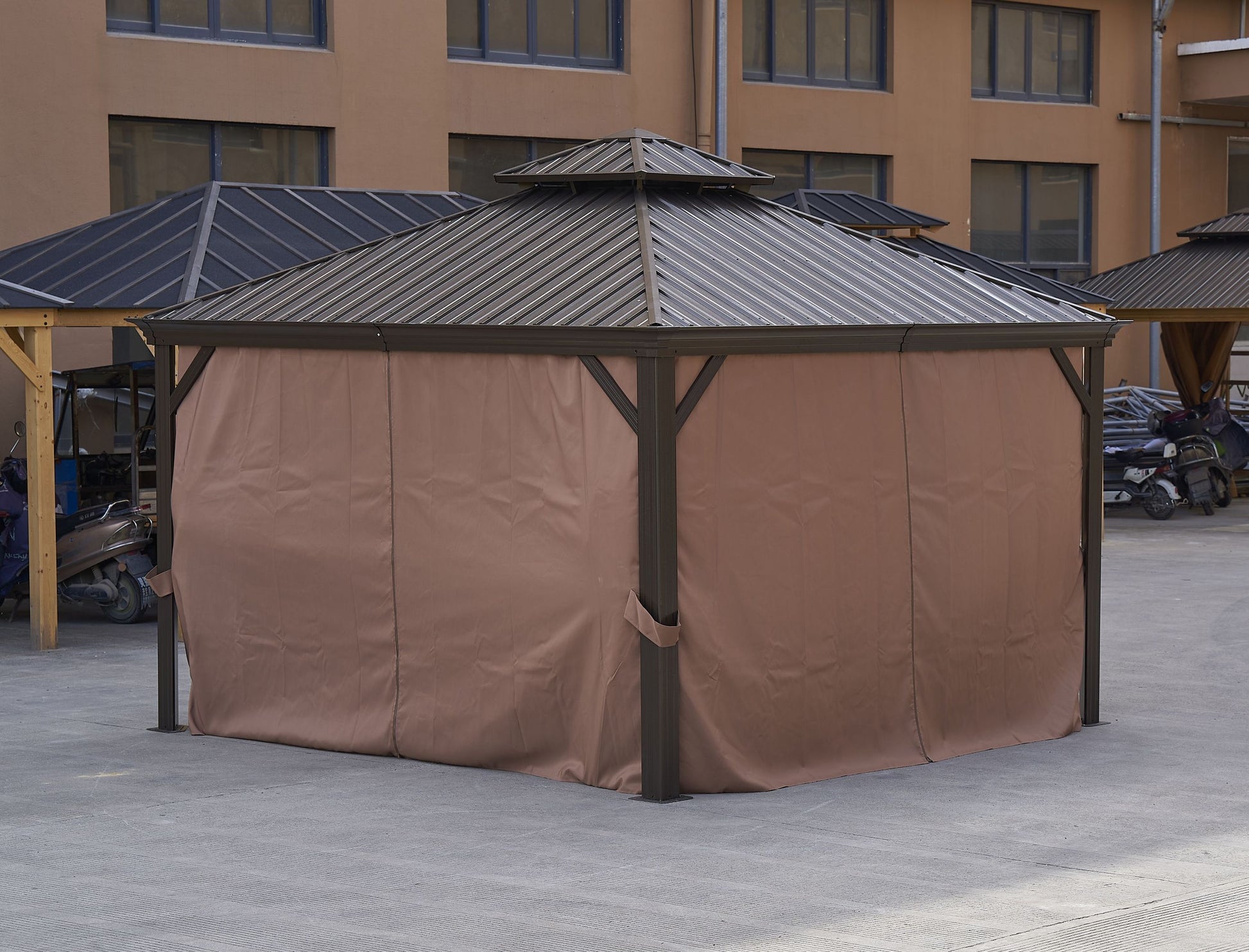 12*12Ft Patic Gazebo,Alu Gazebo With Steel Canopy,Outdoor Permanent Hardtop Gazebo Canopy For Patio, Garden, Backyard Bronze Steel