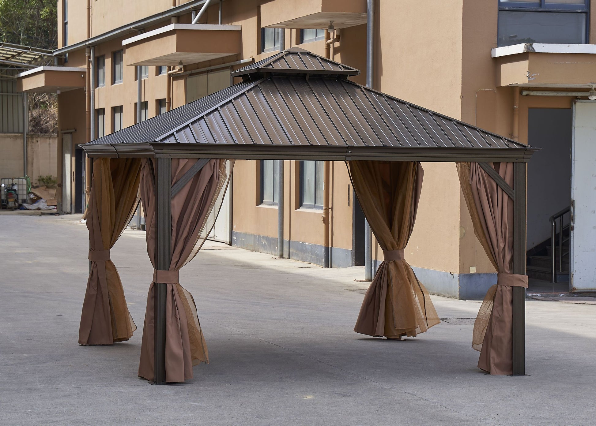 12*12Ft Patic Gazebo,Alu Gazebo With Steel Canopy,Outdoor Permanent Hardtop Gazebo Canopy For Patio, Garden, Backyard Bronze Steel