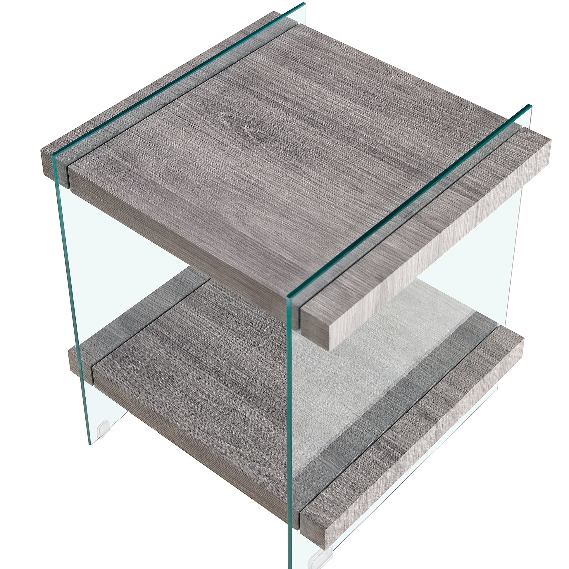 17.72" Sleek And Sturdy Tempered Glass Leg Side Table With Dual Mdf Shelves, Modern Nightstand End Table For Living Roon, Bedroom, Transparent Gray Gray Mdf Glass