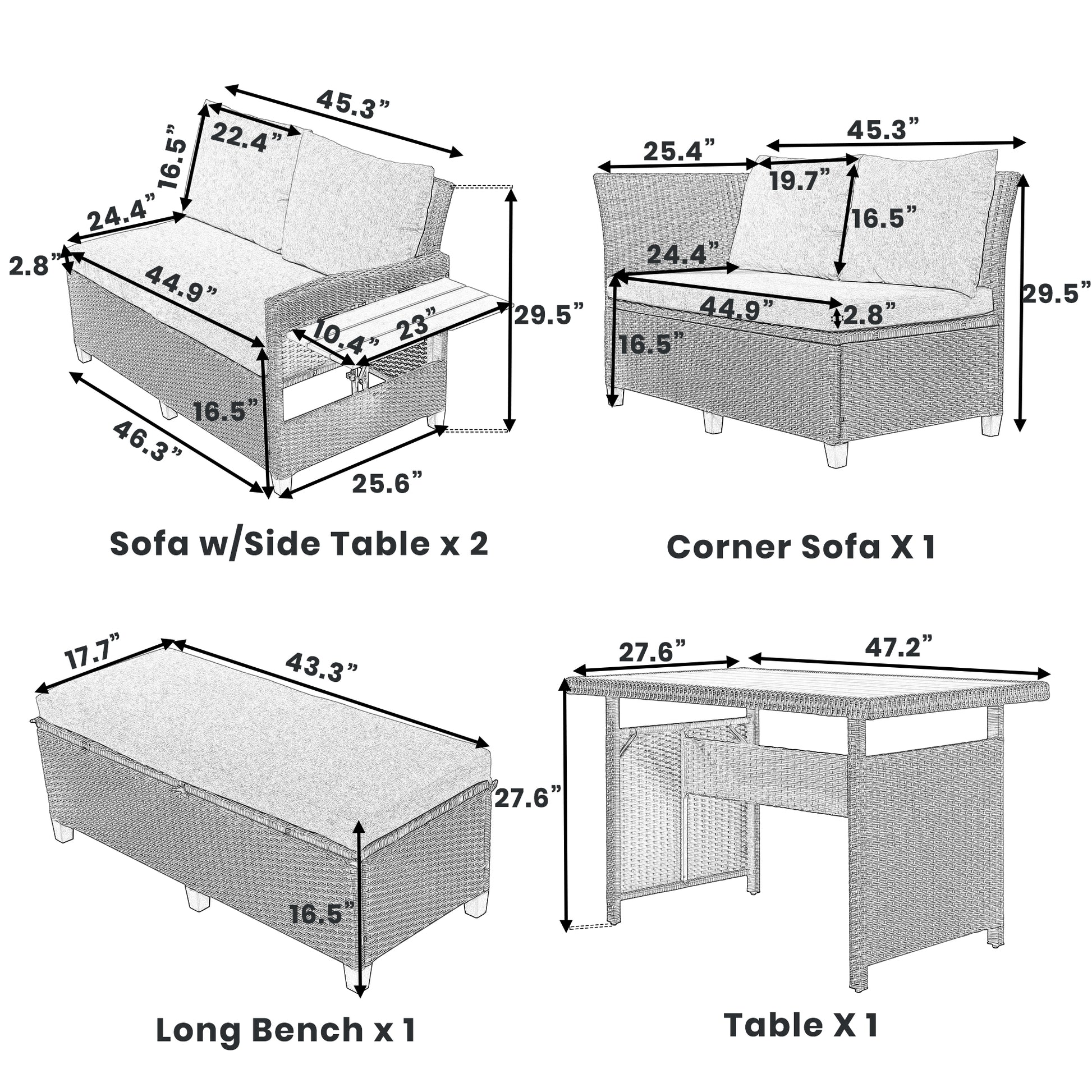 Tomax 5 Piece Outdoor Patio Rattan Sofa Set, Sectional Pe Wicker L Shaped Garden Furniture Set With 2 Extendable Side Tables, Dining Table And Washable Covers For Backyard, Poolside, Indoor, Gray Yes Complete Patio Set Gray Water Resistant Frame Water