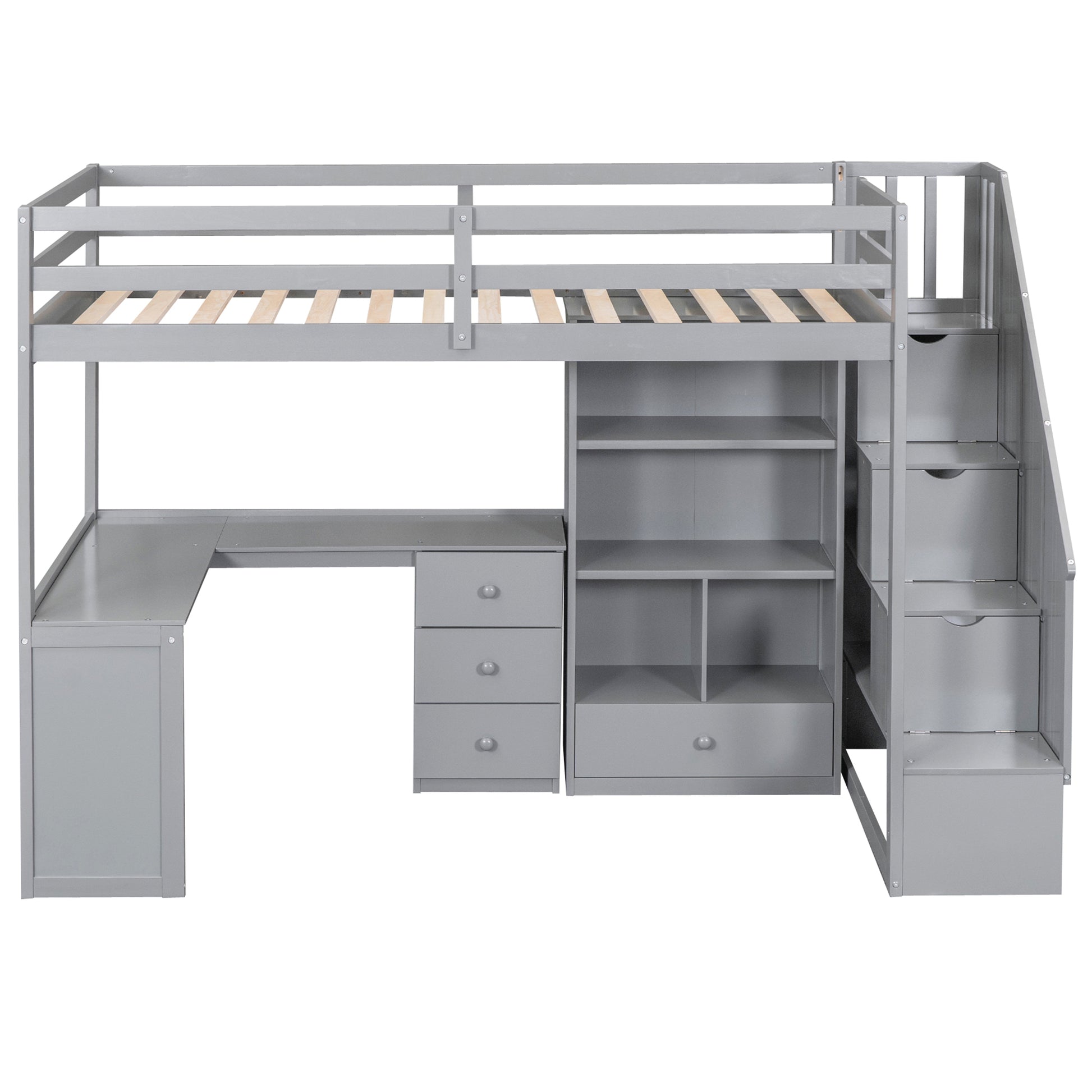 Twin Size Loft Bed With L Shaped Desk And Drawers, Cabinet And Storage Staircase, Gray Gray Pine