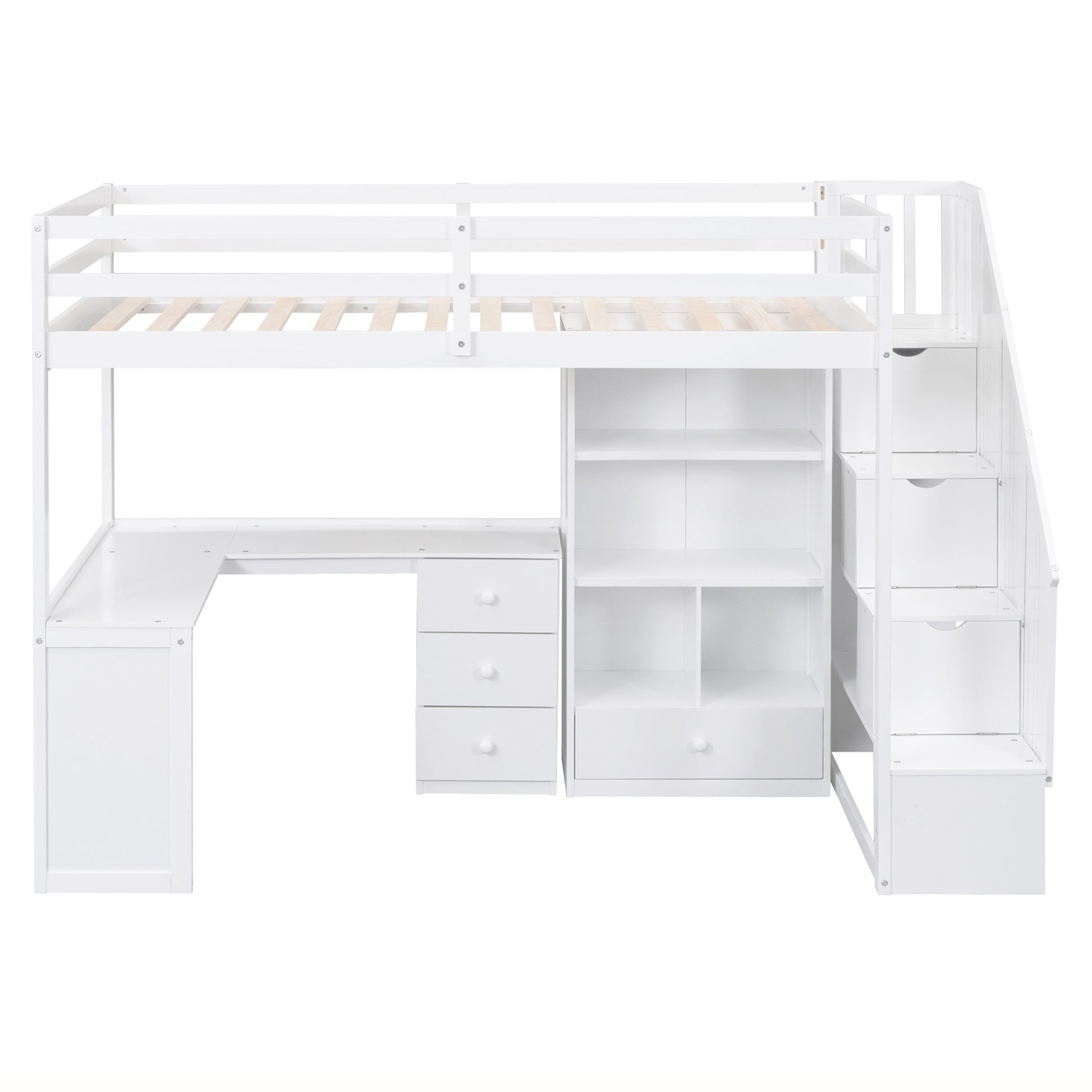 Twin Size Loft Bed With L Shaped Desk And Drawers, Cabinet And Storage Staircase, White White Pine