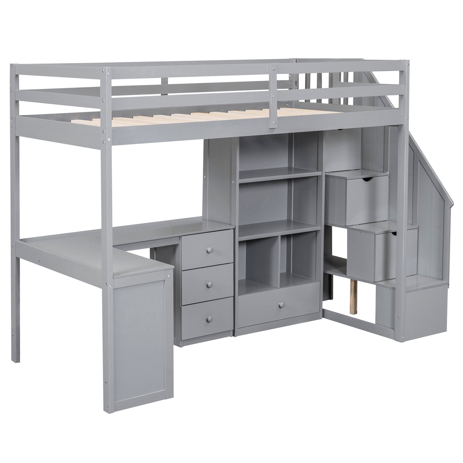 Twin Size Loft Bed With L Shaped Desk And Drawers, Cabinet And Storage Staircase, Gray Gray Pine