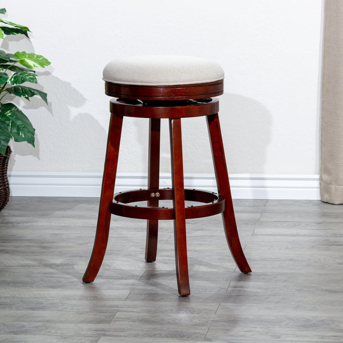 30" Bar Stool, Cherry Finish, Beige Fabric Seat Cherry Fabric