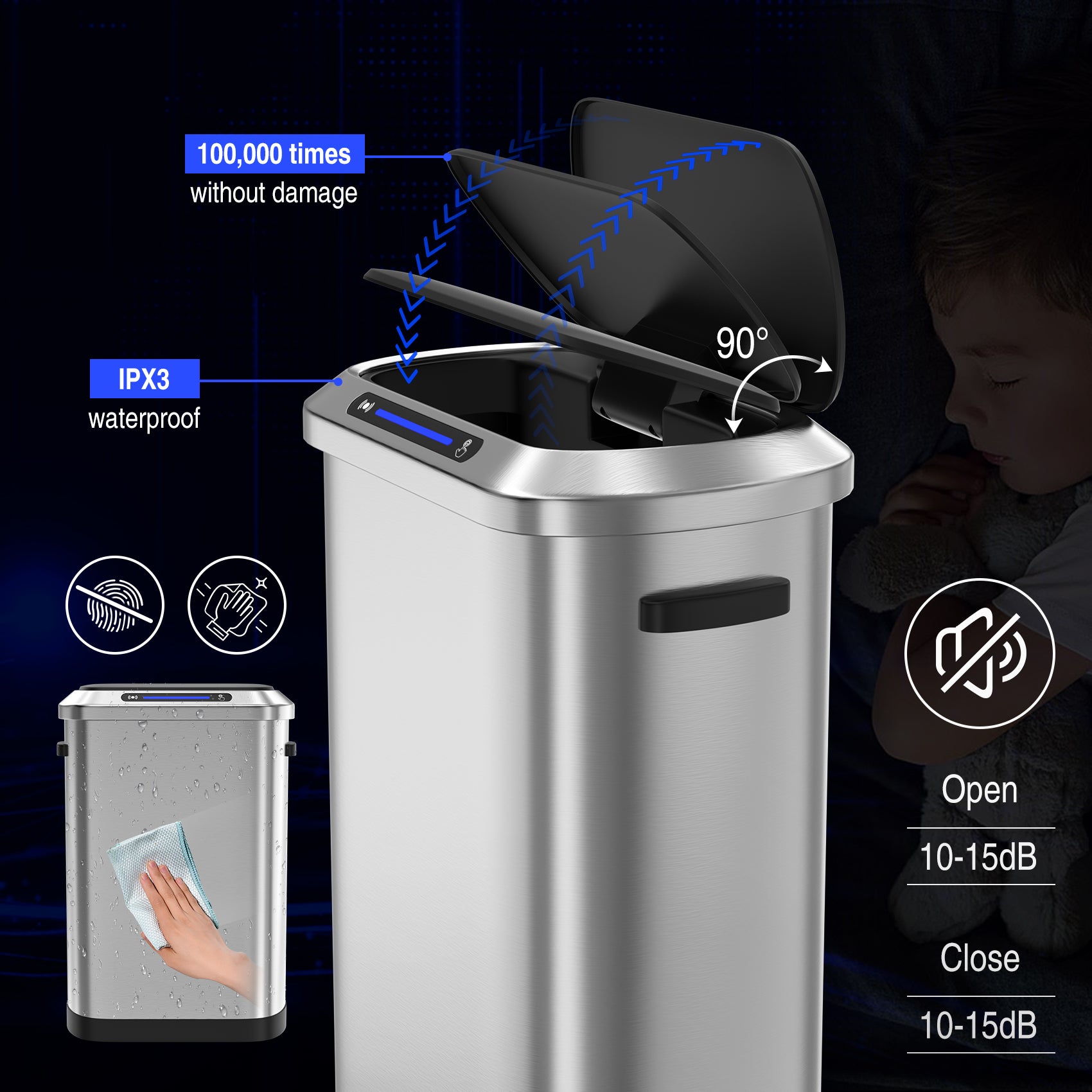 50L Smart Automatic Trash Cans Full Intelligent Sensor Black And Silver Steel