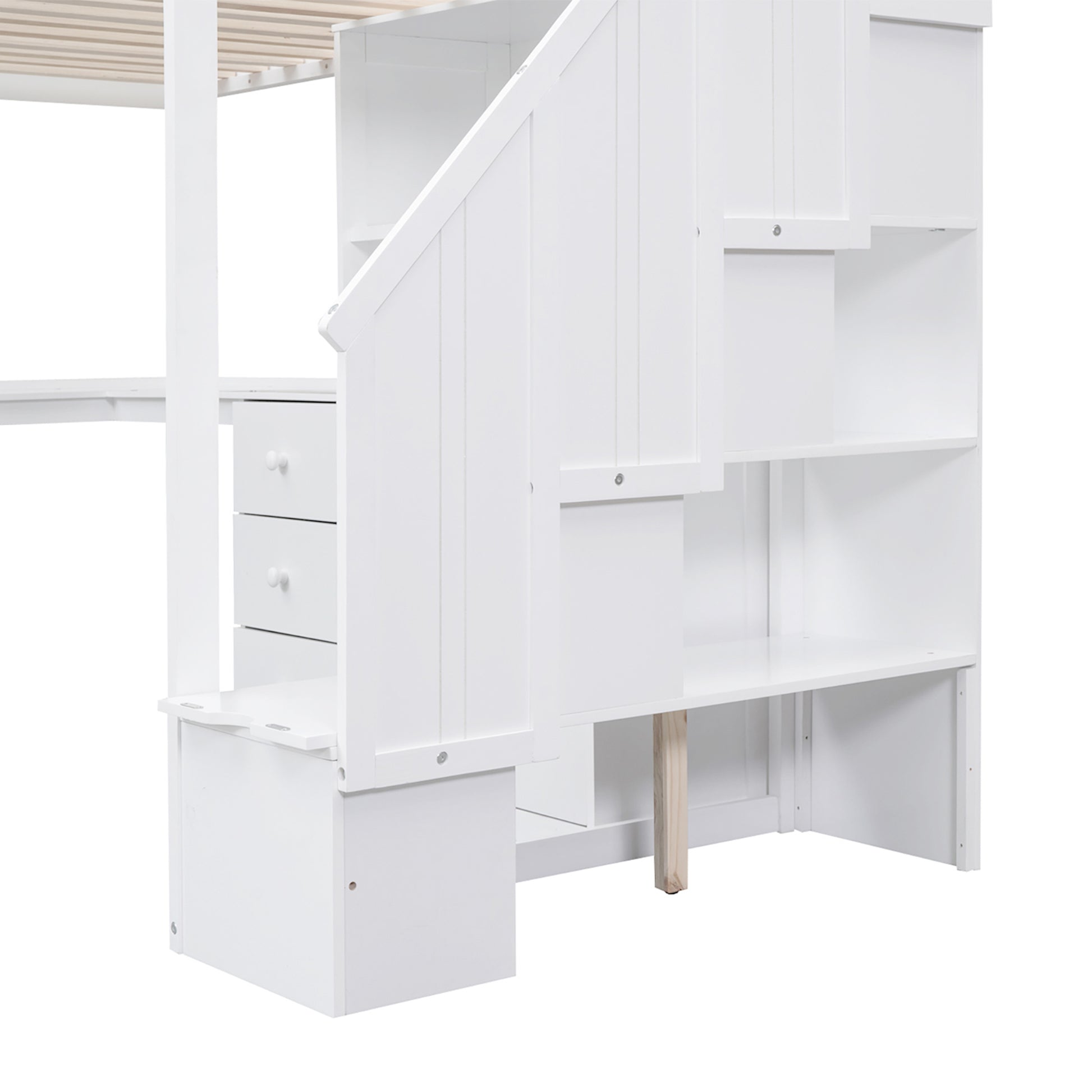 Twin Size Loft Bed With L Shaped Desk And Drawers, Cabinet And Storage Staircase, White White Pine