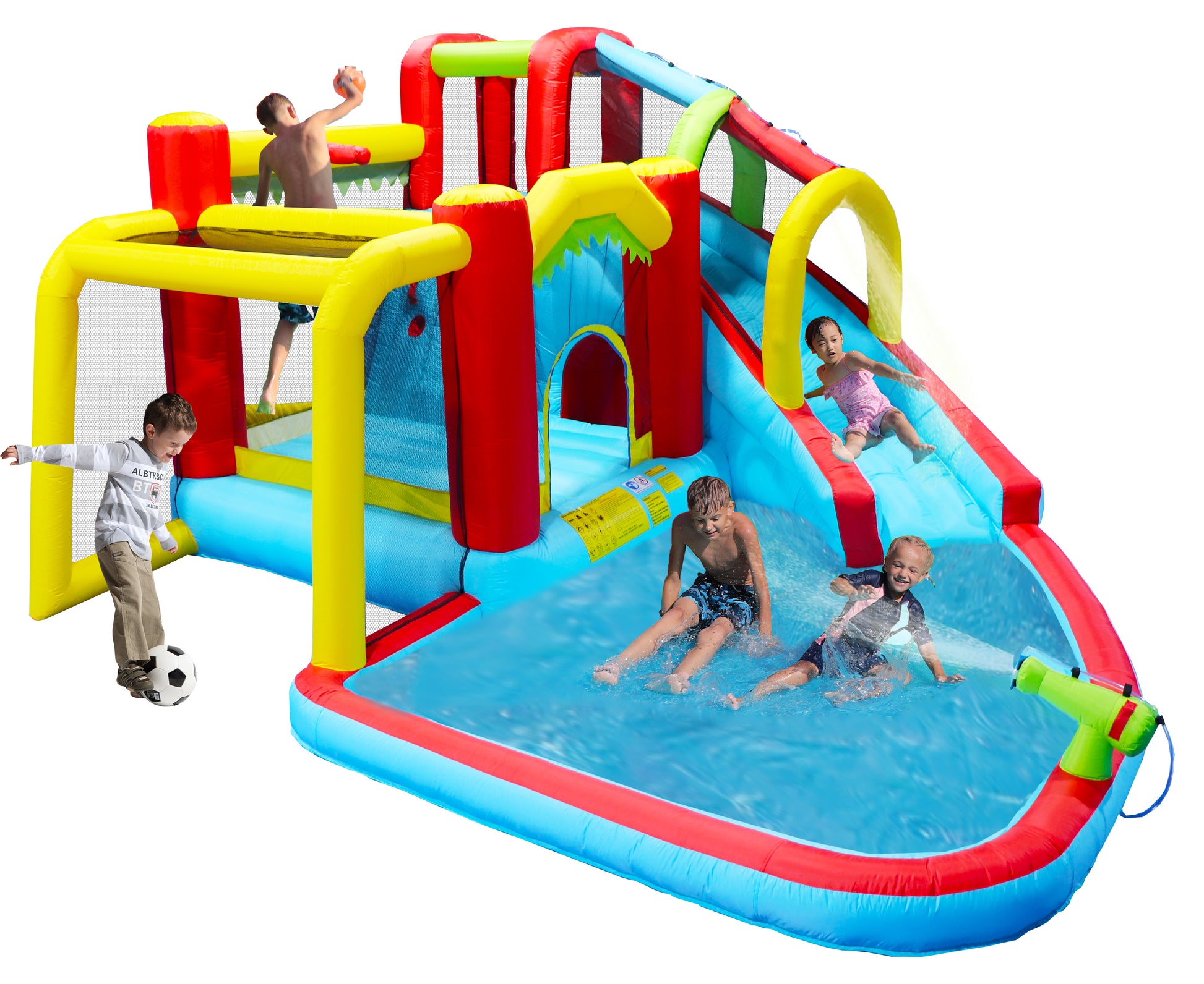 7 In1 Inflatable Slide Water Park Bouncing House Outdoor Soccer Garden Bouncer With Splash Pool & Water& Climbing Wall & Basketball & Football Multicolor Oxford Fabric