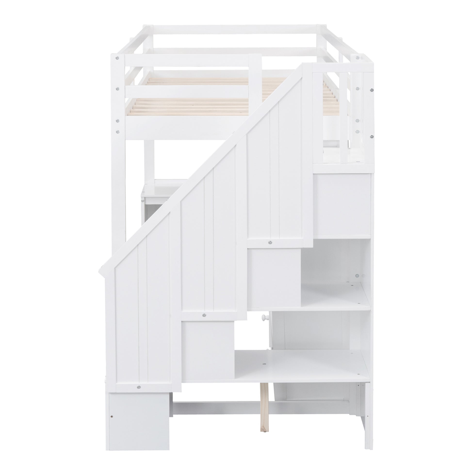 Twin Size Loft Bed With L Shaped Desk And Drawers, Cabinet And Storage Staircase, White White Pine