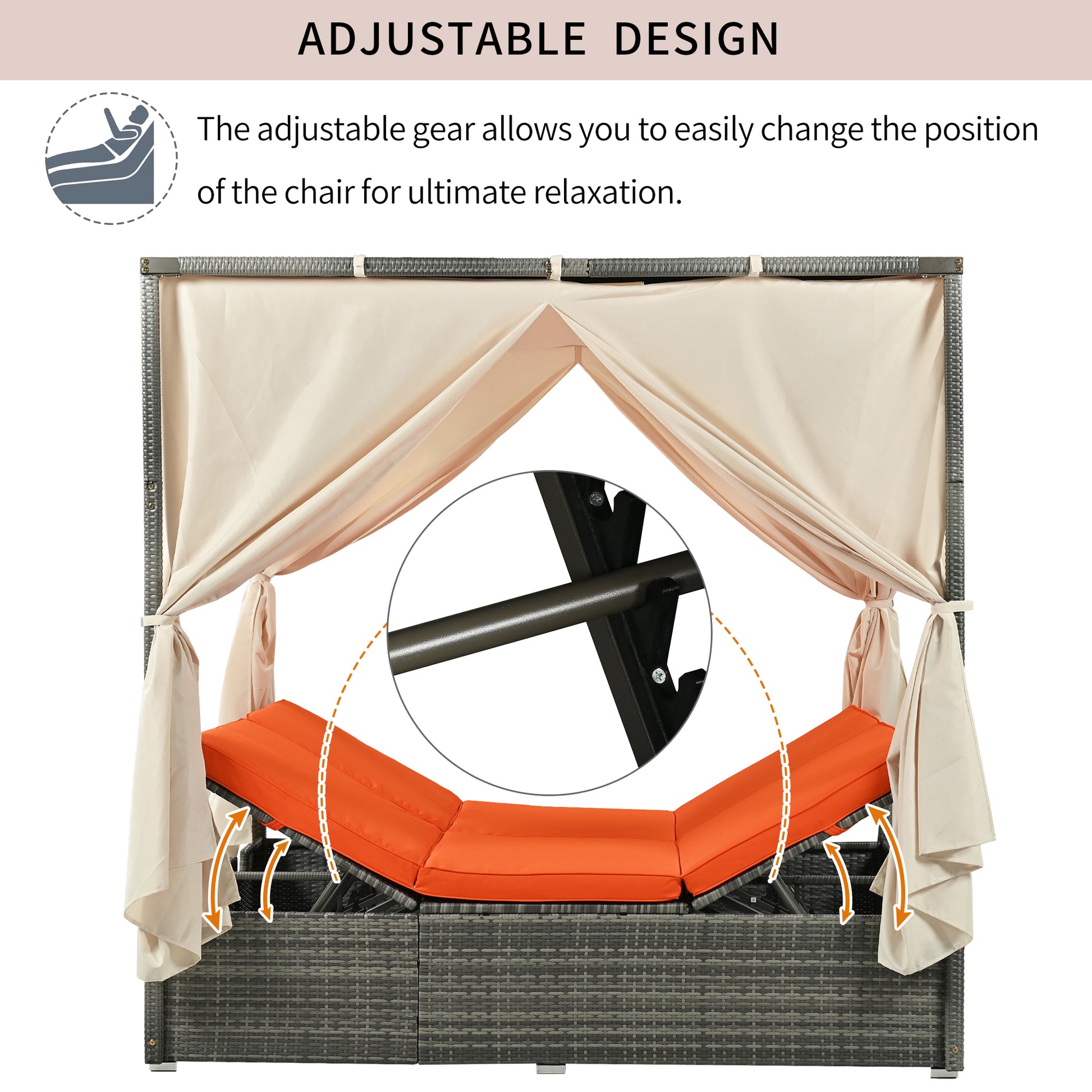 Adjustable Sun Bed With Curtain,High Comfort,With 3 Colors Orange Hdpe