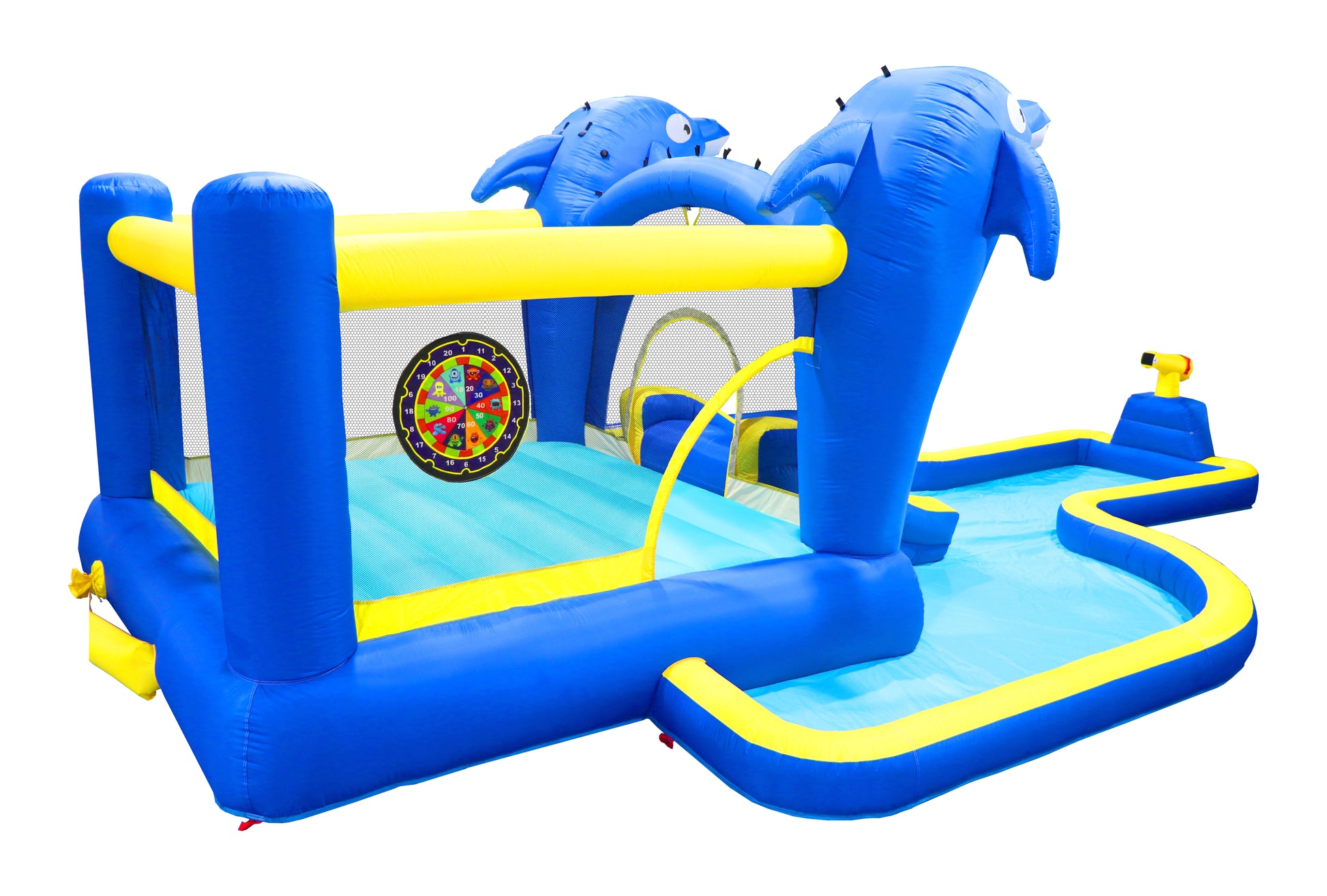 6 In1 Inflatable Slide Water Park Trampoline Bouncing House Outdoor Garden With Dolphin Sprinkler & Target Games & Water& Basketball Multicolor Oxford Fabric