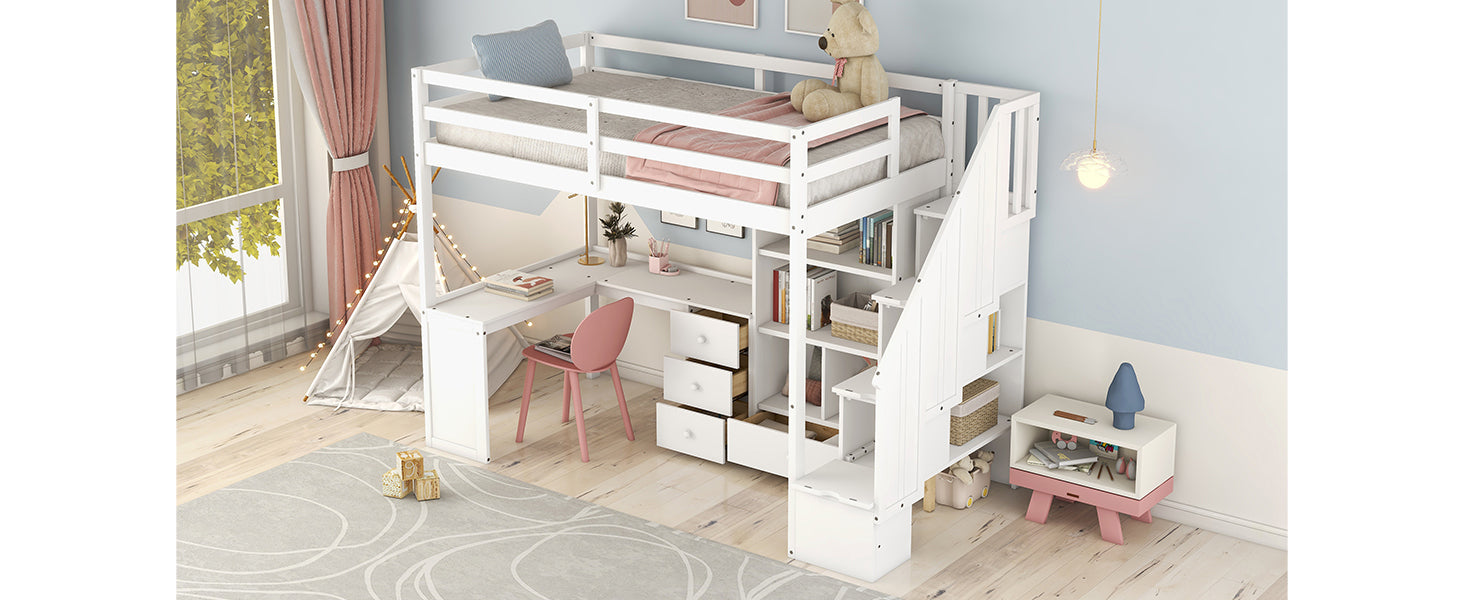 Twin Size Loft Bed With L Shaped Desk And Drawers, Cabinet And Storage Staircase, White White Pine