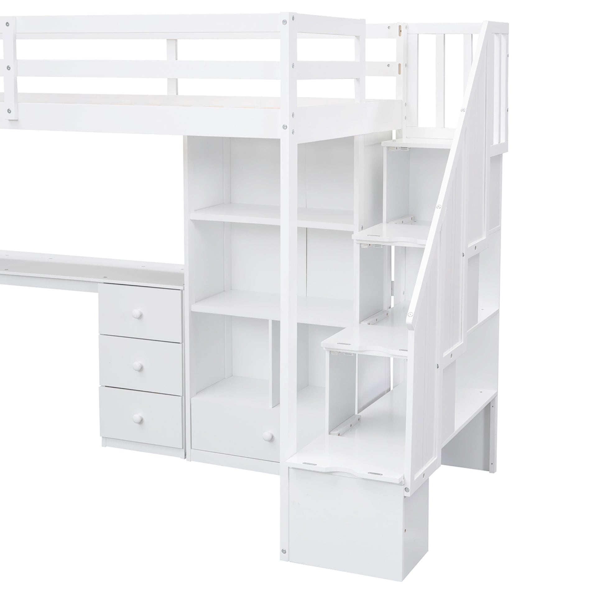 Twin Size Loft Bed With L Shaped Desk And Drawers, Cabinet And Storage Staircase, White White Pine