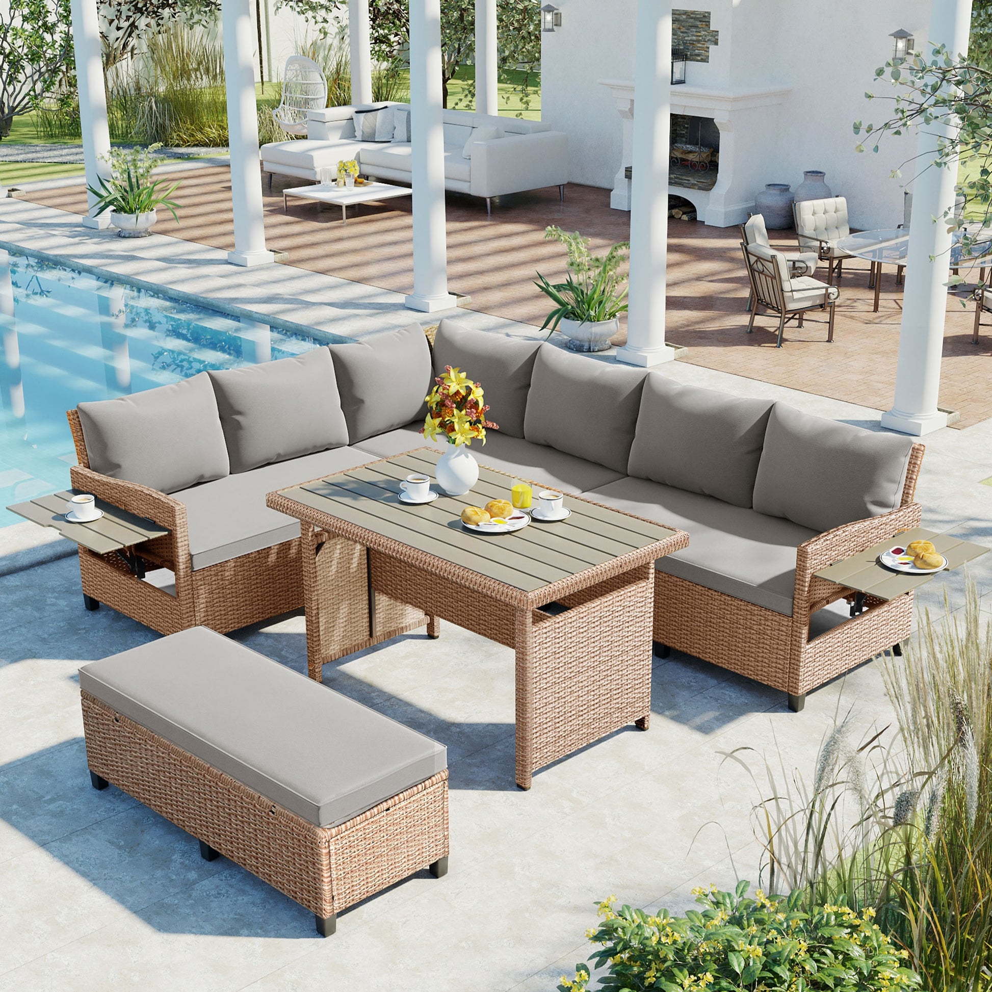 Tomax 5 Piece Outdoor Patio Rattan Sofa Set, Sectional Pe Wicker L Shaped Garden Furniture Set With 2 Extendable Side Tables, Dining Table And Washable Covers For Backyard, Poolside, Indoor, Brown