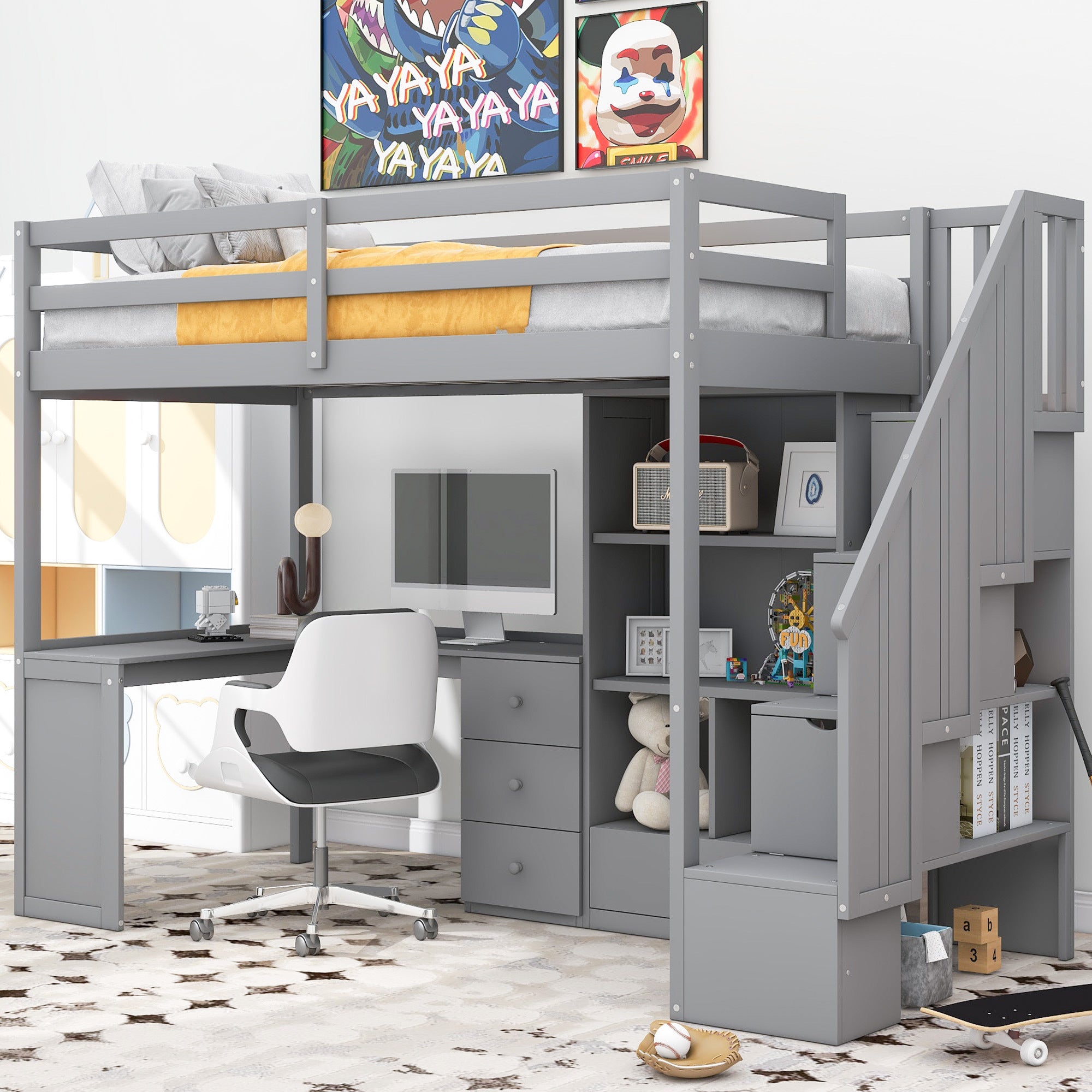 Twin Size Loft Bed With L Shaped Desk And Drawers, Cabinet And Storage Staircase, Gray Gray Pine