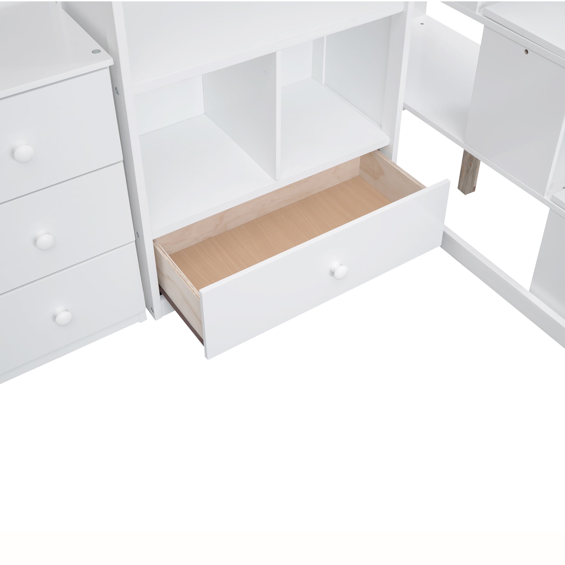 Twin Size Loft Bed With L Shaped Desk And Drawers, Cabinet And Storage Staircase, White White Pine