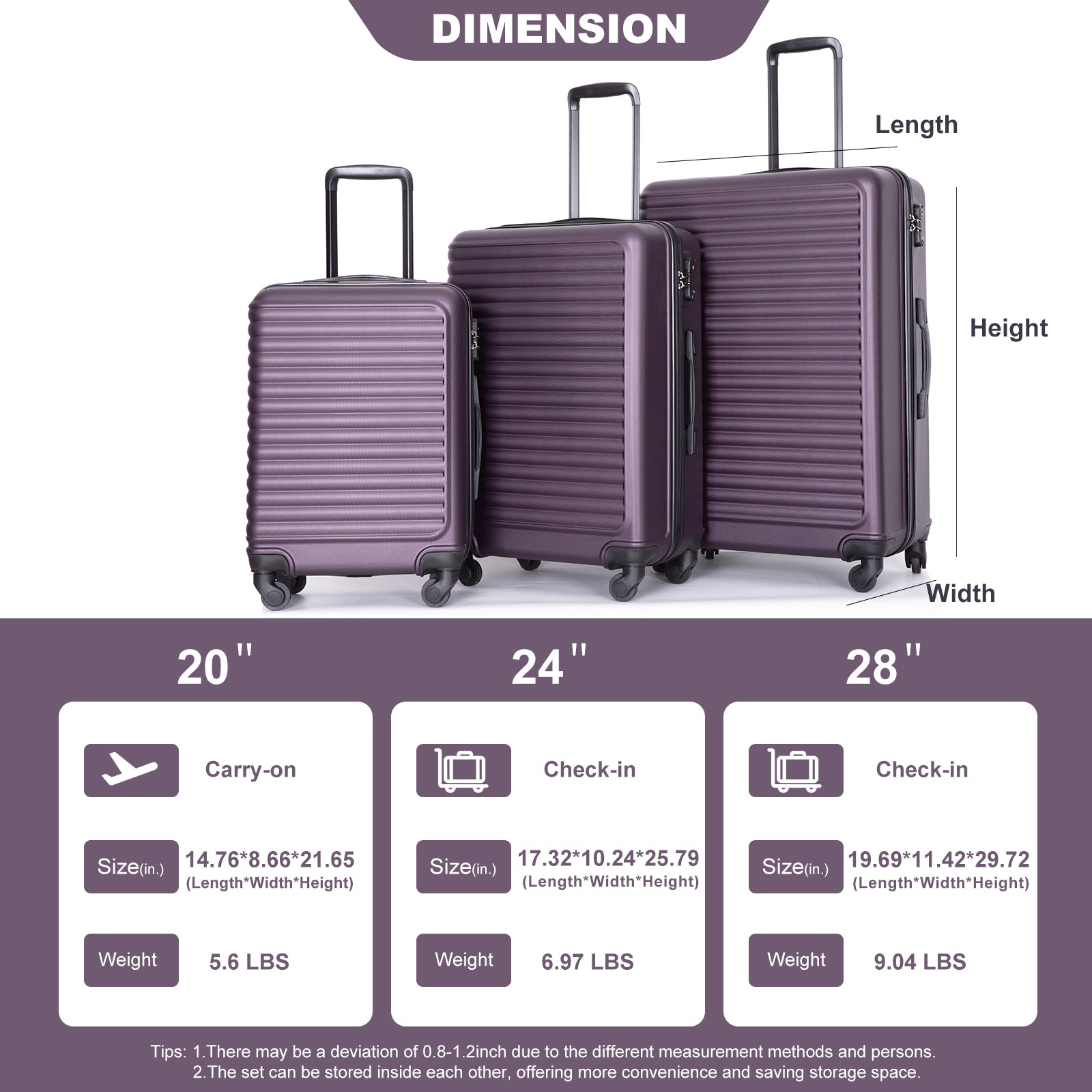 3 Piece Luggage Sets Abs Lightweight Suitcase With Two Hooks, Spinner Wheels, Tsa Lock, 20 24 28 Purple Purple Abs