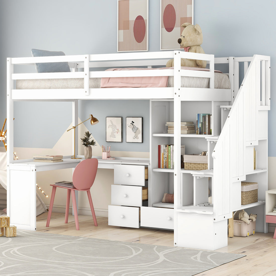 Twin Size Loft Bed With L Shaped Desk And Drawers, Cabinet And Storage Staircase, White White Pine