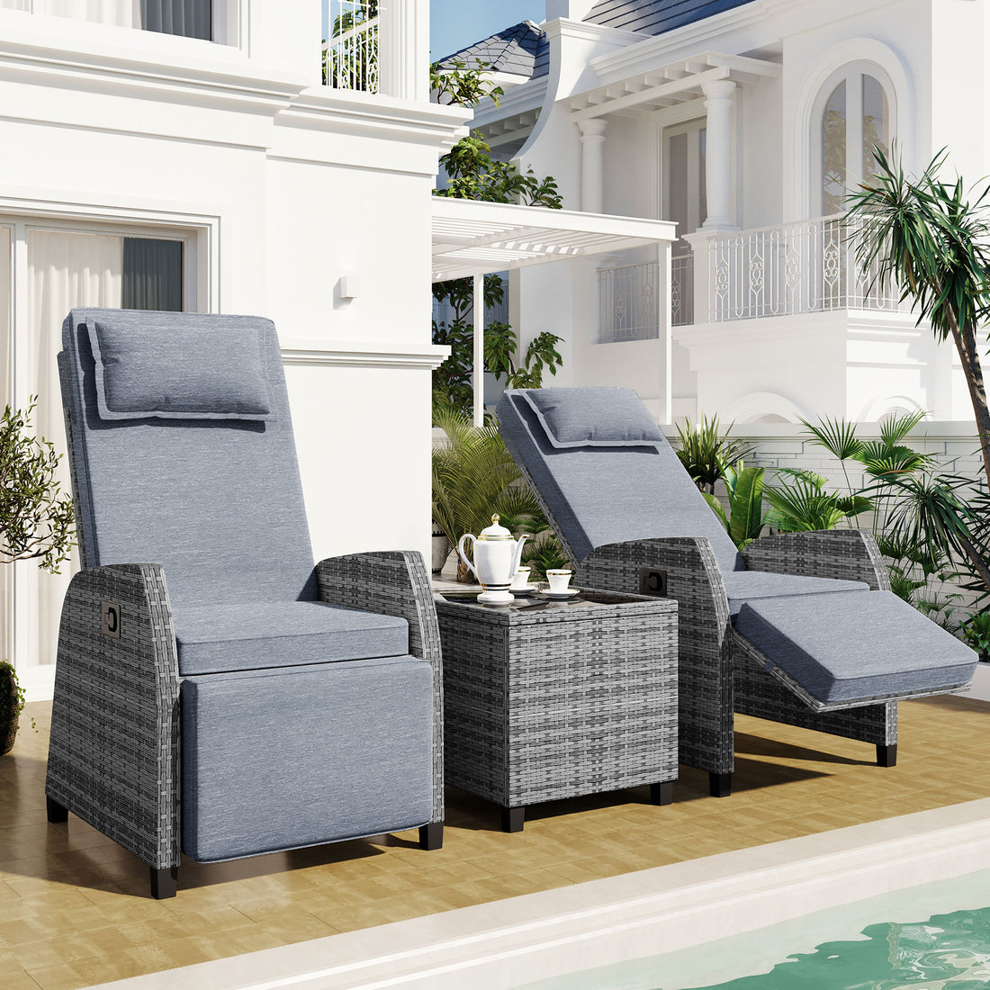 Outdoor Rattan Two Person Combination With Coffee Table, Adjustable, Suitable For Courtyard, Swimming Pool, Balcony Gray Hdpe