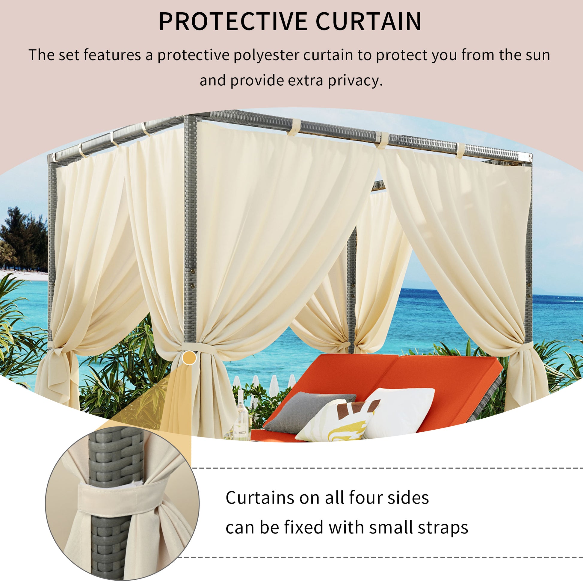 Adjustable Sun Bed With Curtain,High Comfort,With 3 Colors Orange Hdpe