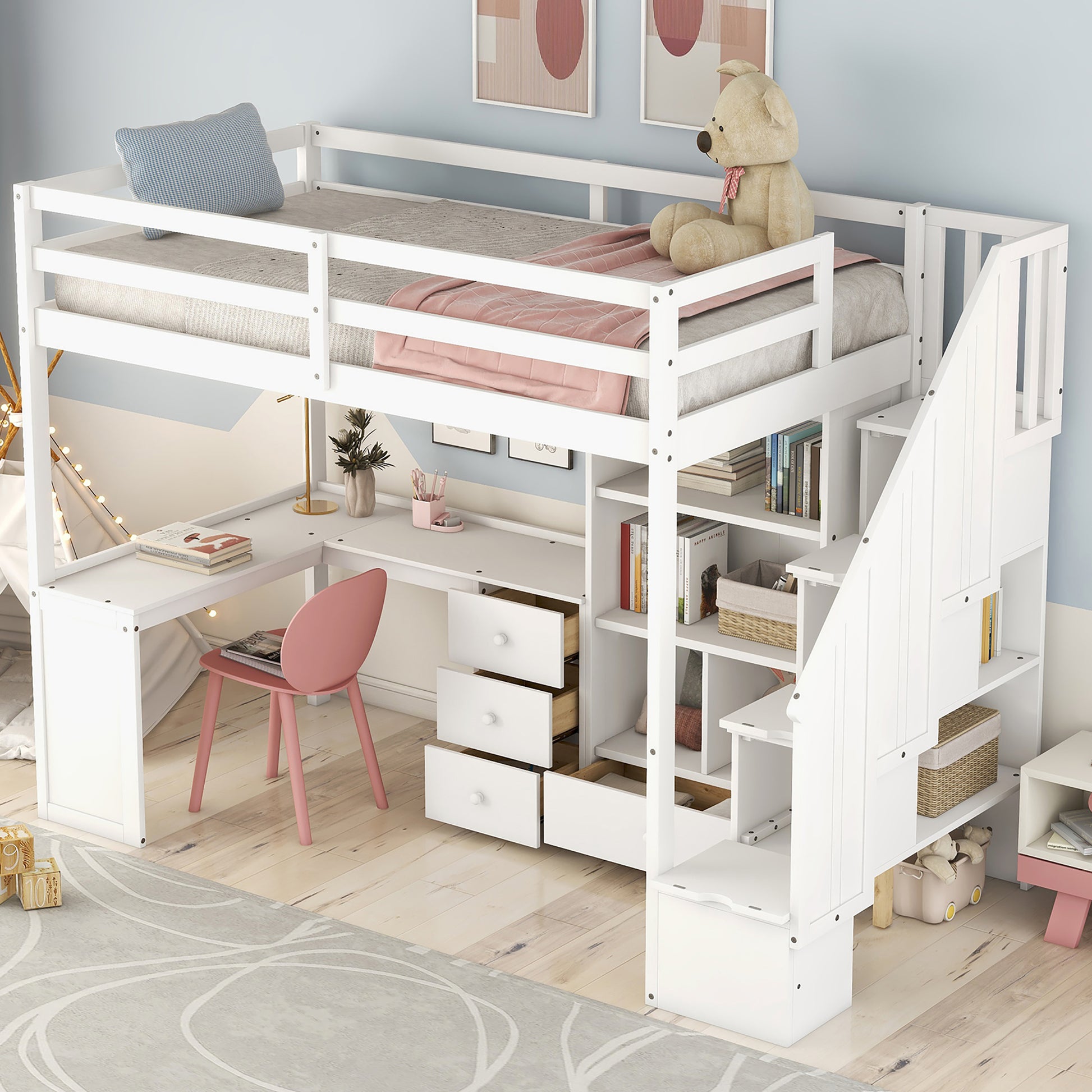 Twin Size Loft Bed With L Shaped Desk And Drawers, Cabinet And Storage Staircase, White White Pine