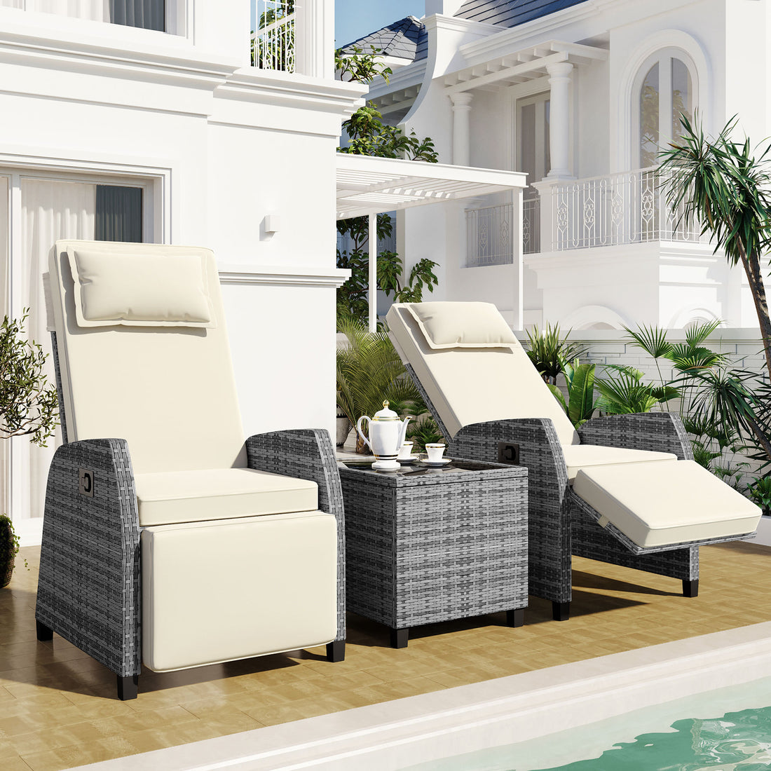 Outdoor Rattan Two Person Combination With Coffee Table, Adjustable, Suitable For Courtyard, Swimming Pool, Balcony Beige Hdpe