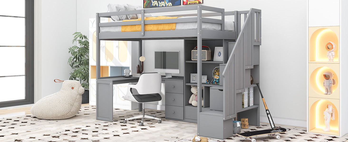 Twin Size Loft Bed With L Shaped Desk And Drawers, Cabinet And Storage Staircase, Gray Gray Pine