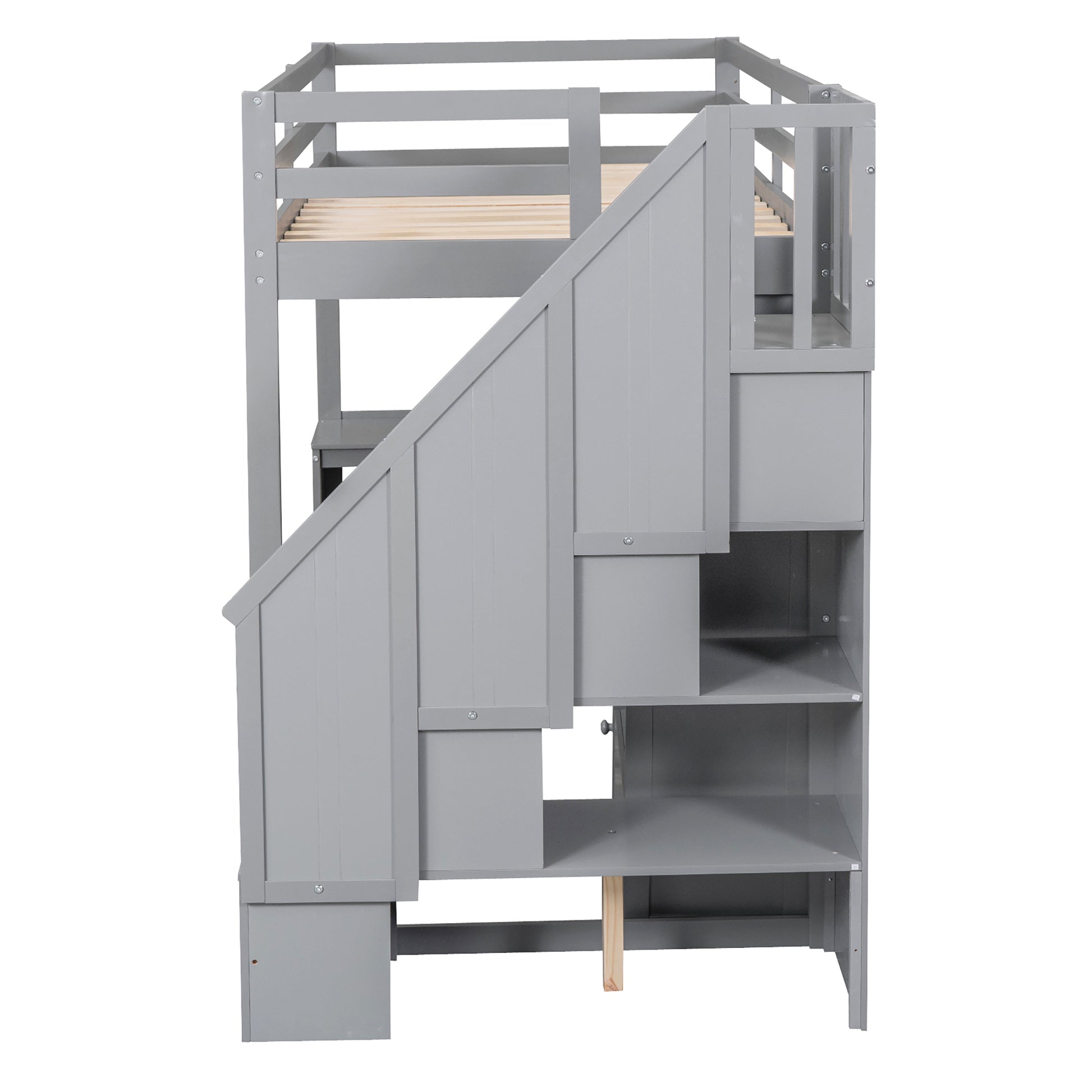 Twin Size Loft Bed With L Shaped Desk And Drawers, Cabinet And Storage Staircase, Gray Gray Pine