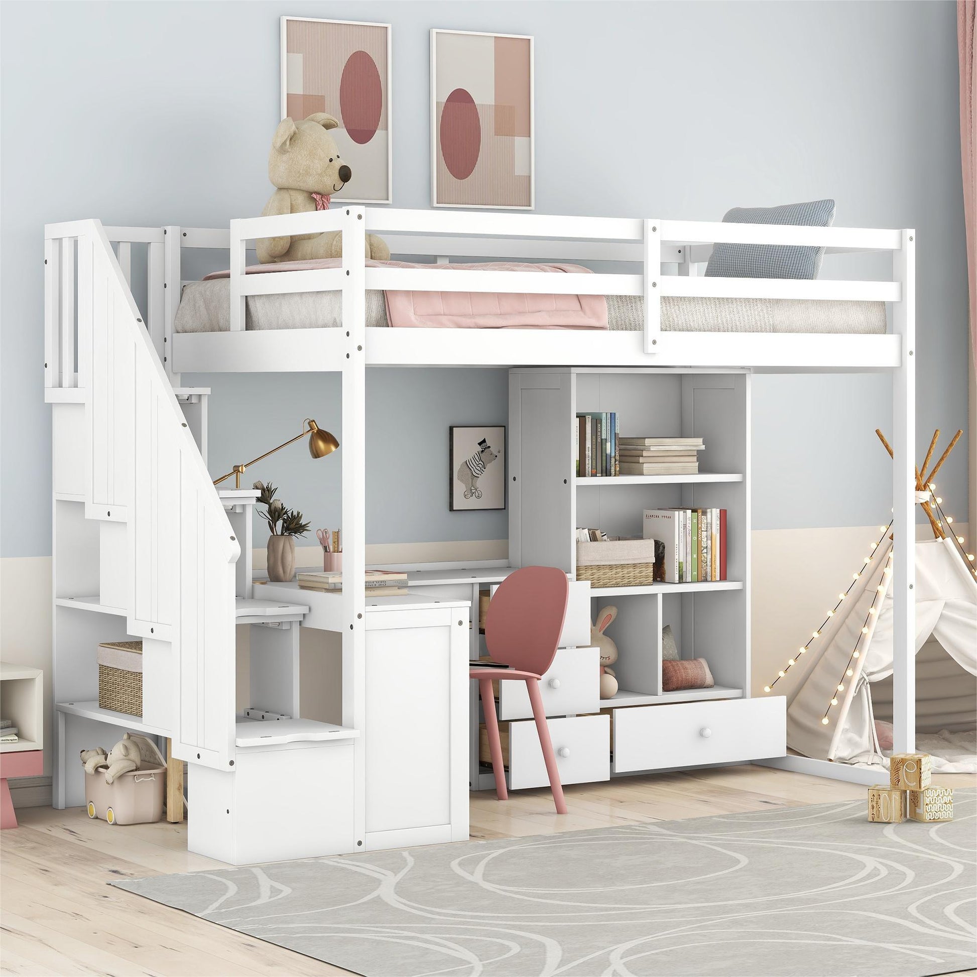 Twin Size Loft Bed With L Shaped Desk And Drawers, Cabinet And Storage Staircase, White White Pine