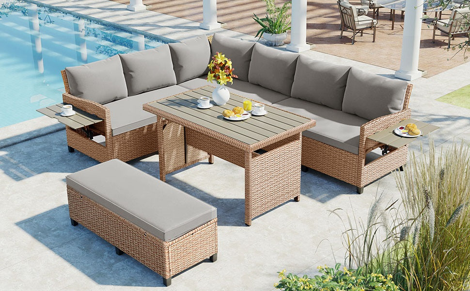 Tomax 5 Piece Outdoor Patio Rattan Sofa Set, Sectional Pe Wicker L Shaped Garden Furniture Set With 2 Extendable Side Tables, Dining Table And Washable Covers For Backyard, Poolside, Indoor, Brown