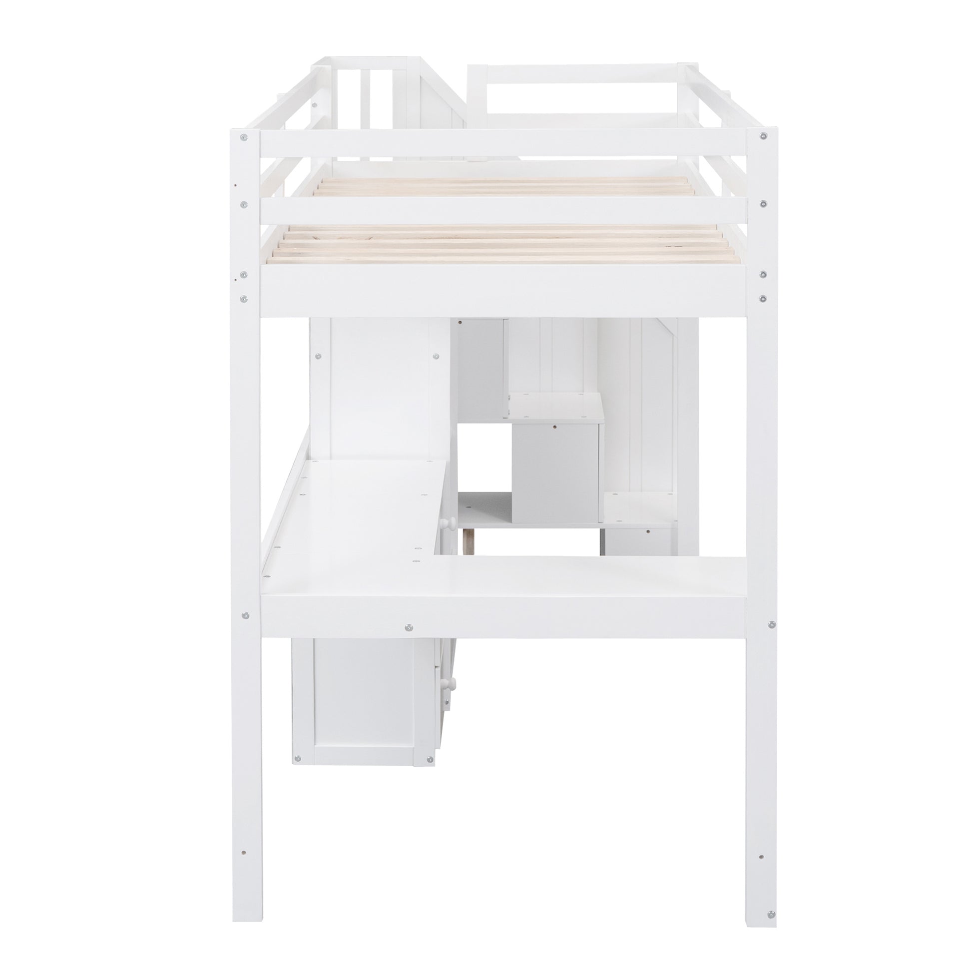 Twin Size Loft Bed With L Shaped Desk And Drawers, Cabinet And Storage Staircase, White White Pine