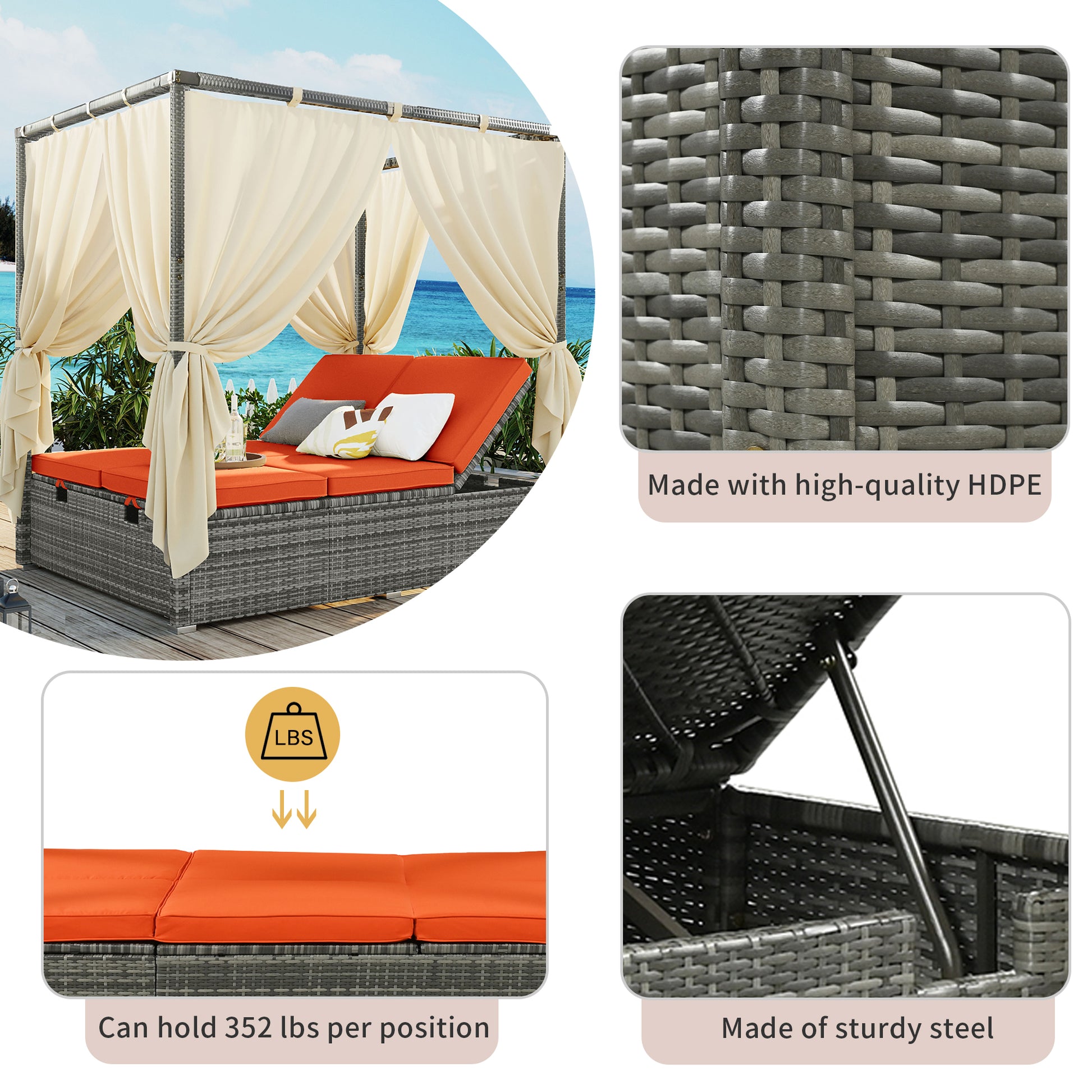 Adjustable Sun Bed With Curtain,High Comfort,With 3 Colors Orange Hdpe