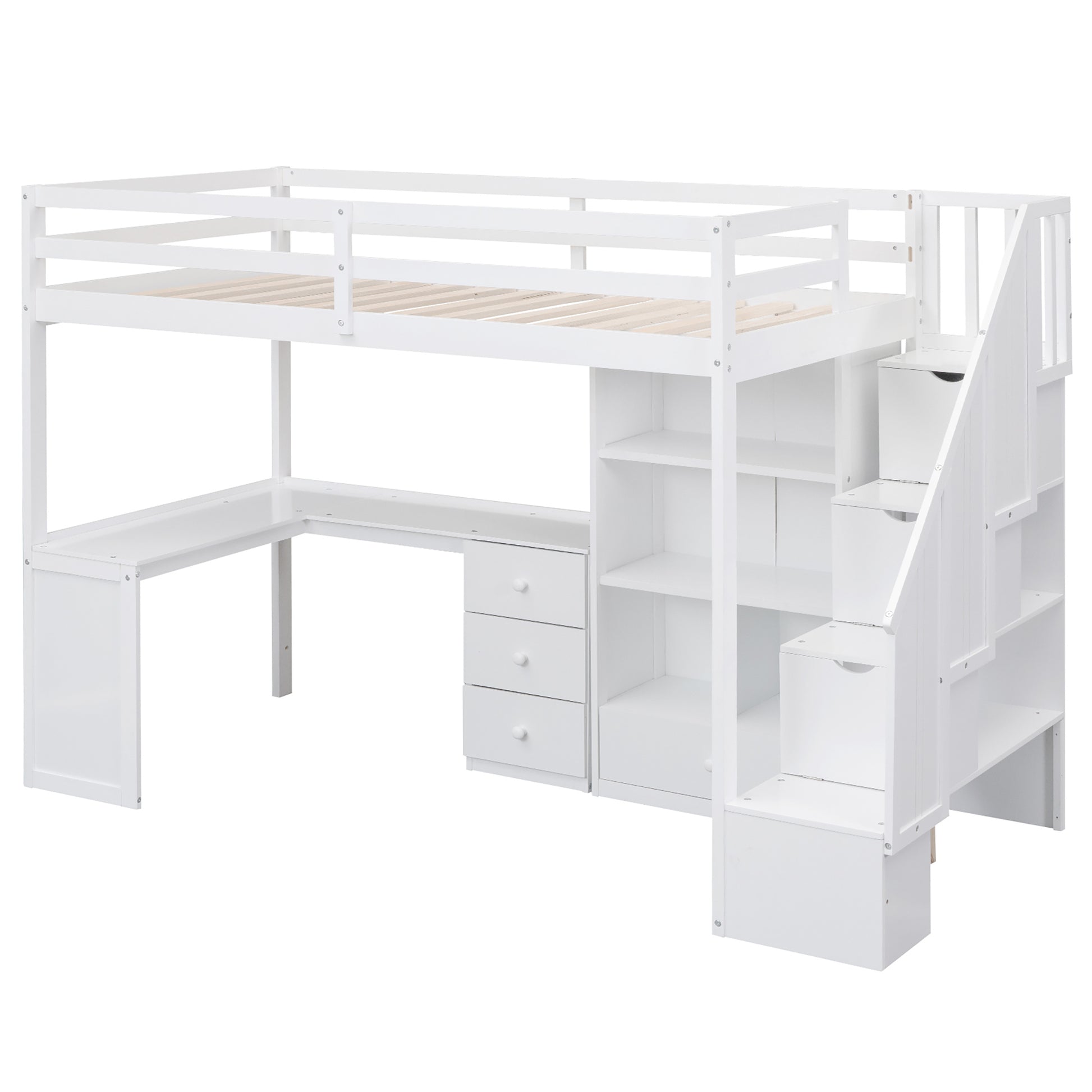 Twin Size Loft Bed With L Shaped Desk And Drawers, Cabinet And Storage Staircase, White White Pine