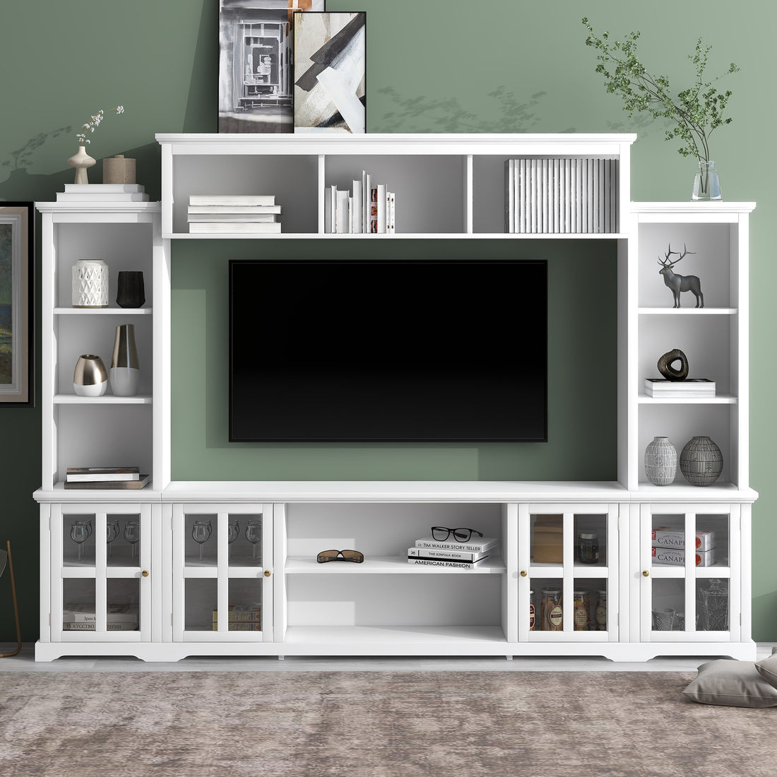 Minimalism Entertainment Wall Unit With Bridge, Modern Tv Console Table For Tvs Up To 70", Multifunctional Tv Stand With Tempered Glass Door, White Old Sku: Sd000009Aak White 70 79 Inches Particle Board