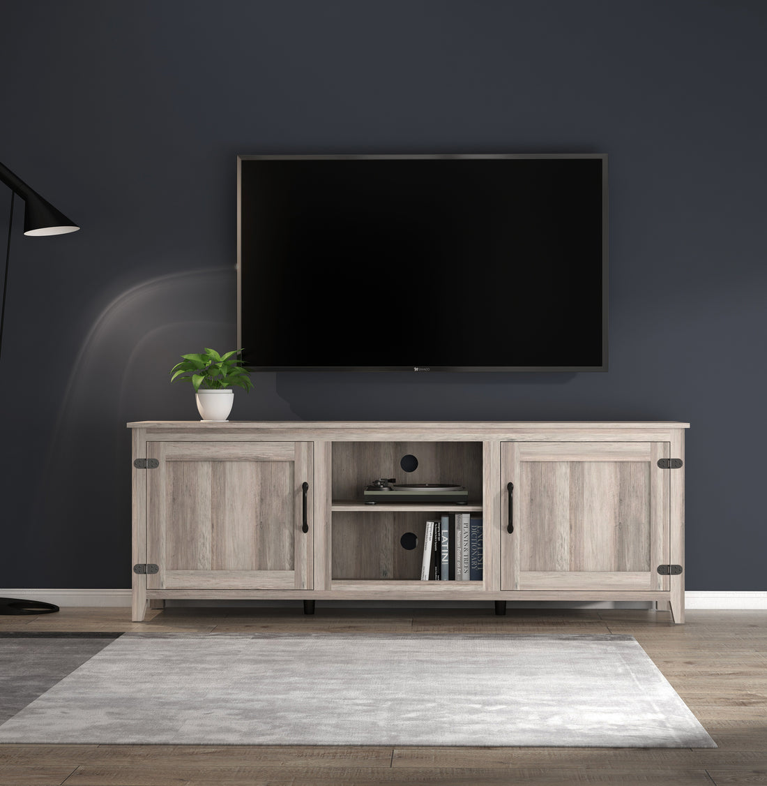 Tv Stand Storage Media Console Entertainment Center With Two Doors, Grey Walnut Grey Particle Board