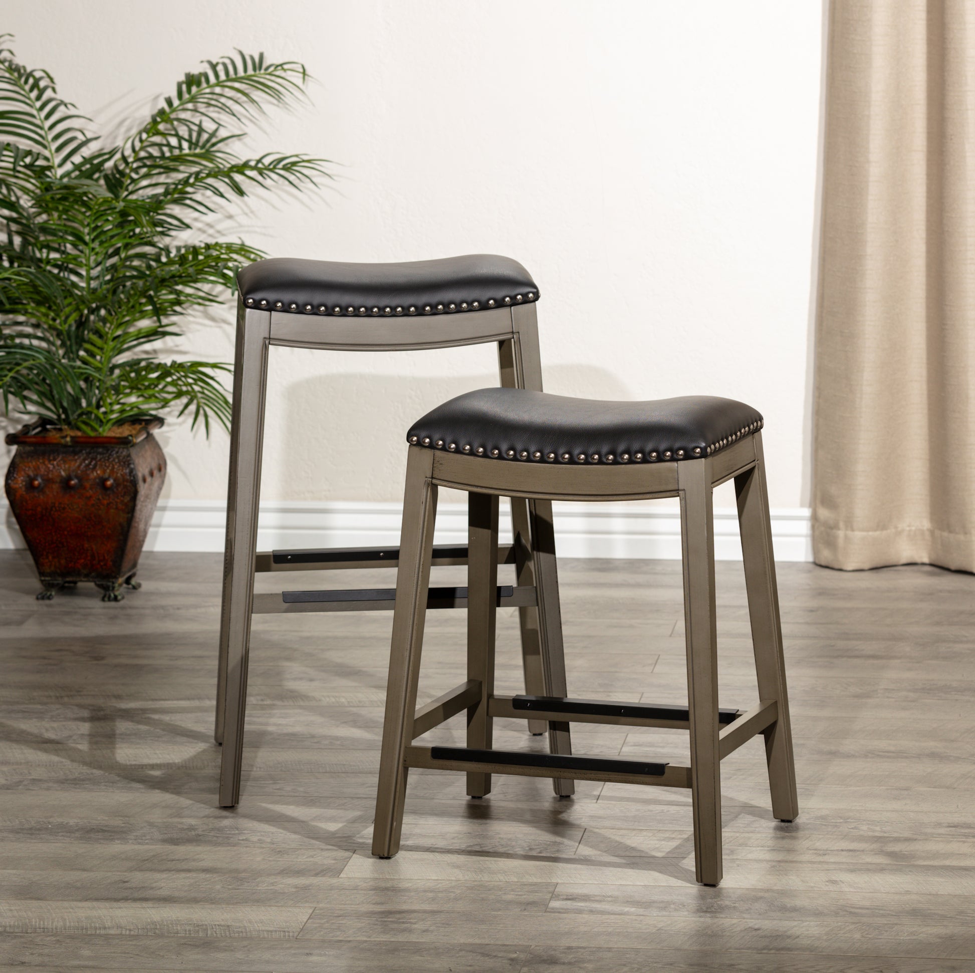 24" Counter Height Saddle Stool, Weathered Gray Finish, Black Leather Seat Gray Polyester Bonded Leather
