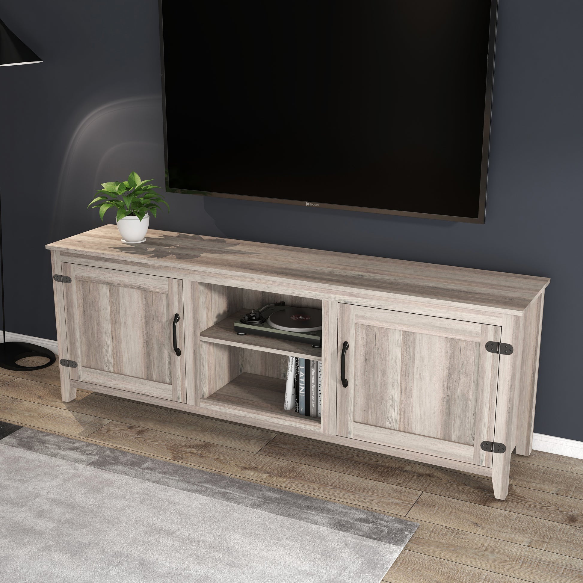 Tv Stand Storage Media Console Entertainment Center With Two Doors, Grey Walnut With Fireplace Grey 50 59 Inches Particle Board