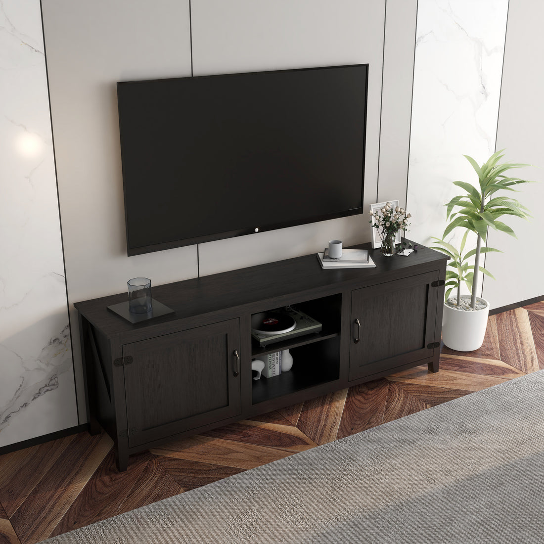 Tv Stand Storage Media Console Entertainment Center,Tradition Black,With Doors Black Particle Board