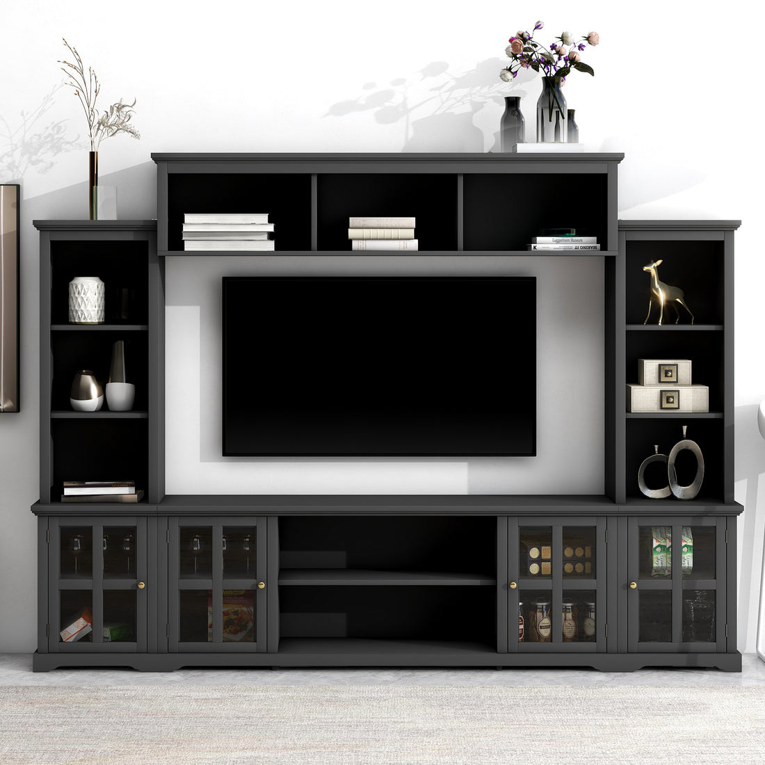 Minimalism Entertainment Wall Unit With Bridge, Modern Tv Console Table For Tvs Up To 70", Multifunctional Tv Stand With Tempered Glass Door, Black Old Sku: Sd000009Aab Black 70 79 Inches Particle Board