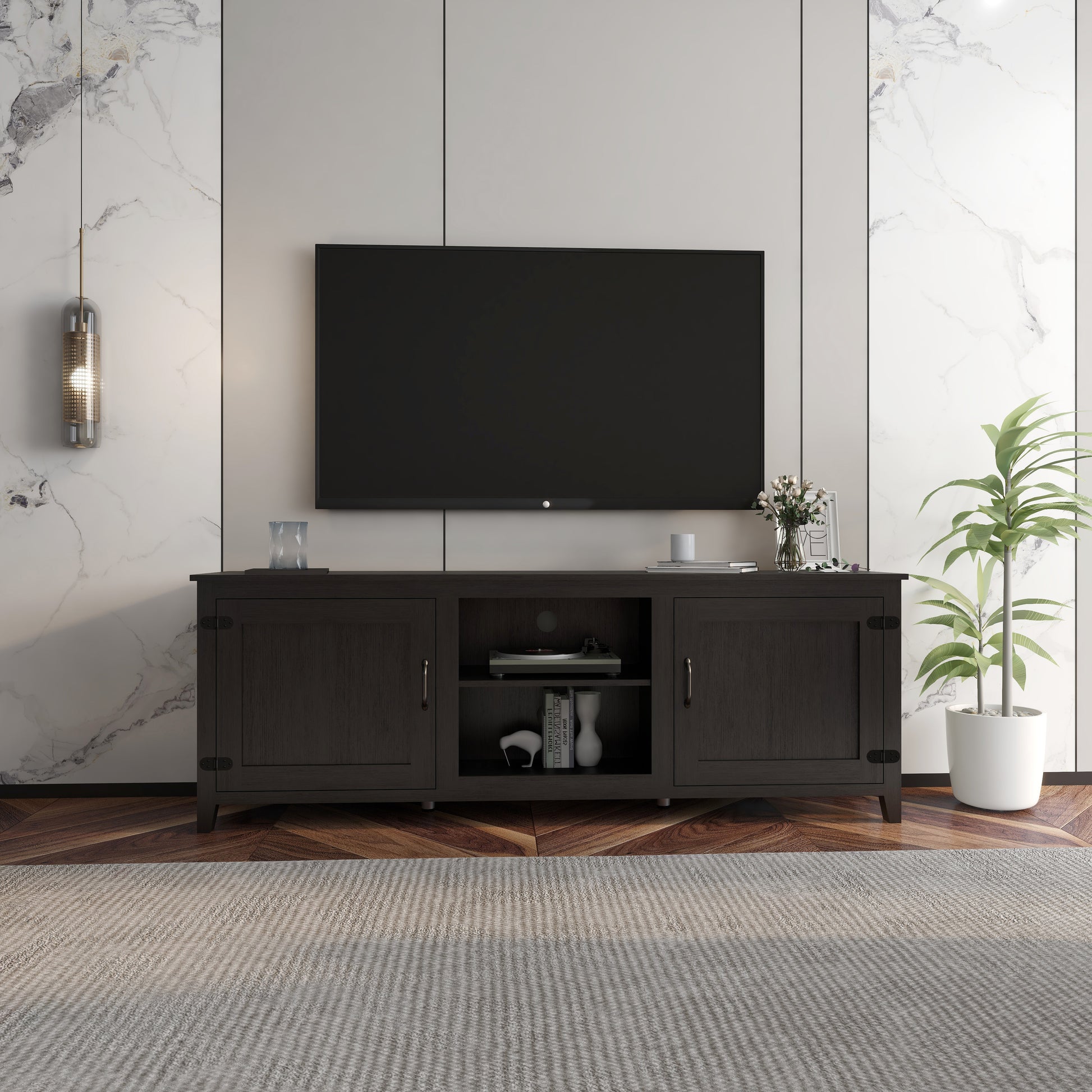 Tv Stand Storage Media Console Entertainment Center,Tradition Black,With Doors Black Particle Board