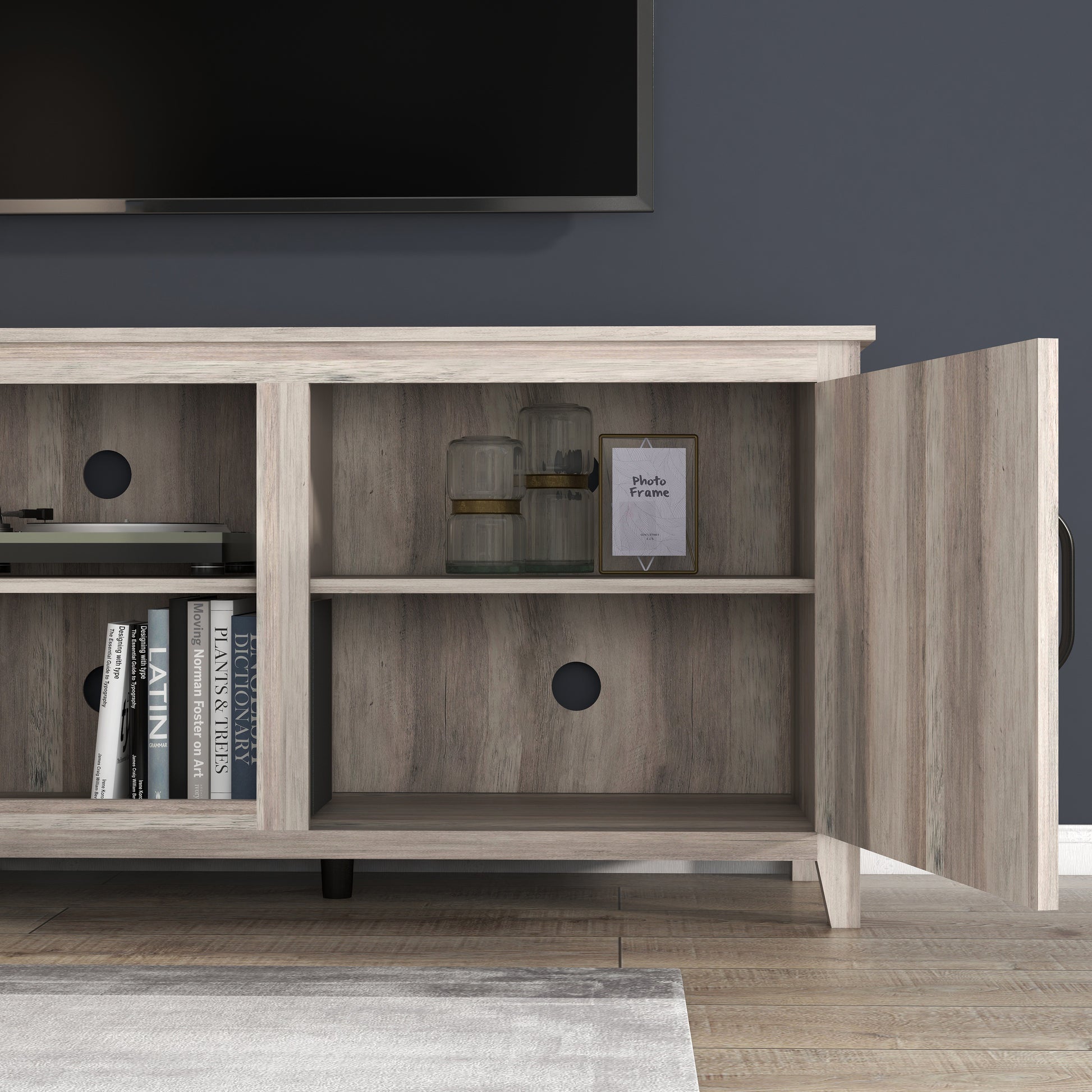 Tv Stand Storage Media Console Entertainment Center With Two Doors, Grey Walnut Grey Particle Board