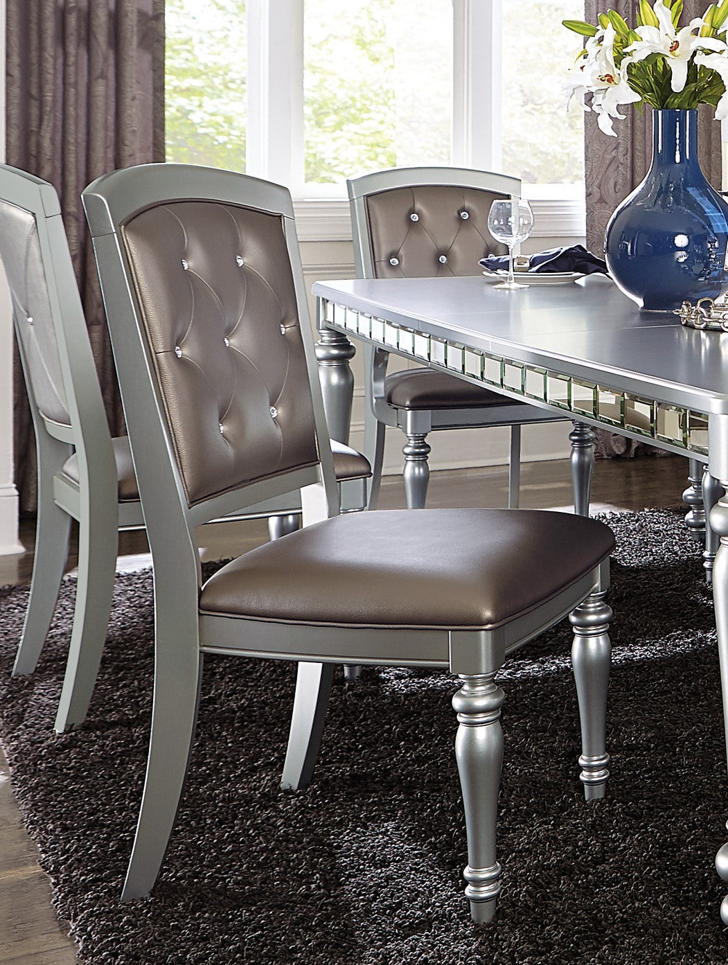 Glamorous Silver Finish Dining Set 7Pc Dining Table 2X Armchairs 4X Side Chairs Crystal Button Tufted Upholstered Modern Style Furniture Silver Seats 6 Dining Room Glam,Modern Rectangular Dining Table With Chair Wood