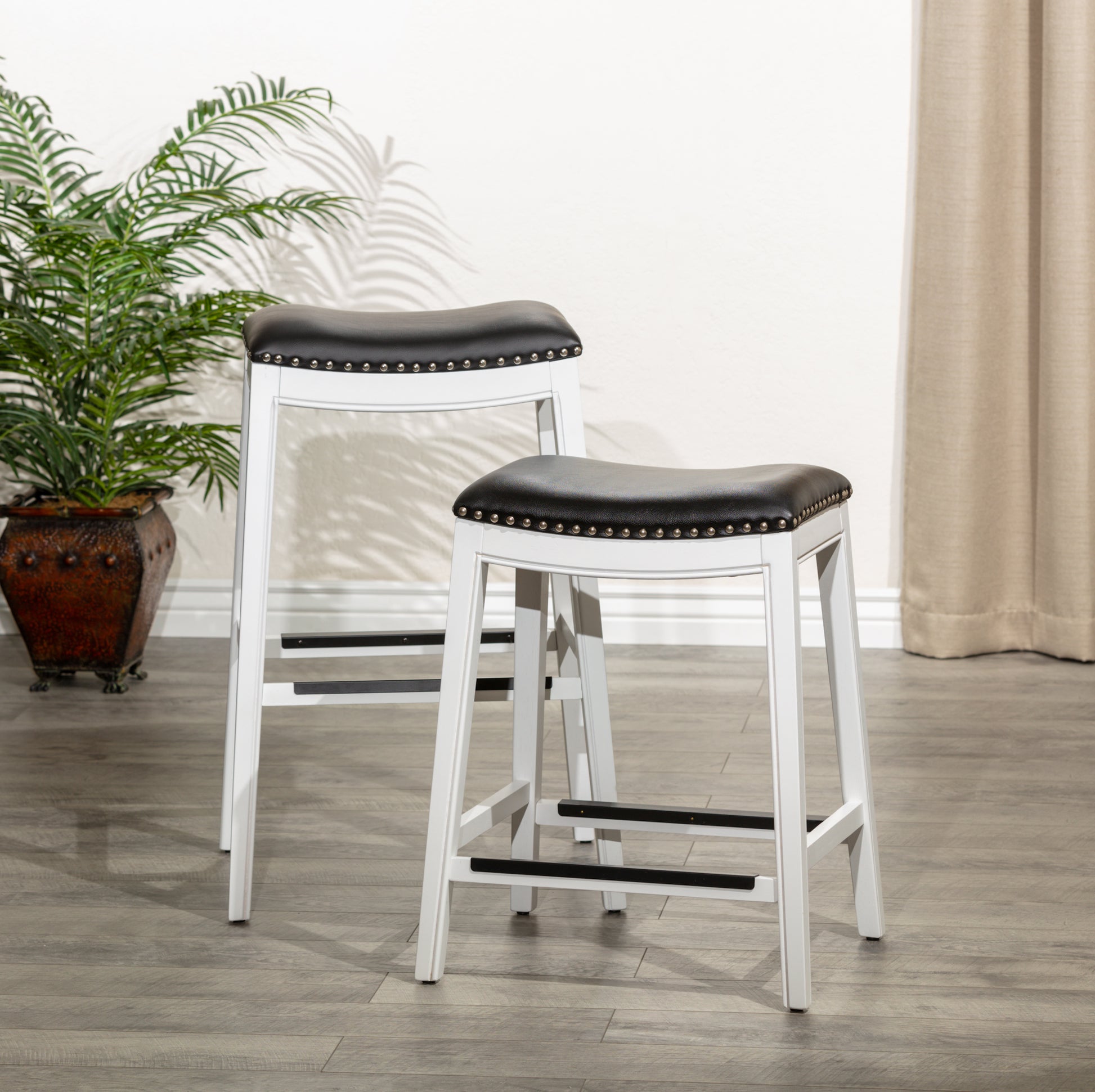 30" Bar Stool, White Finish, Black Leather Seat White Bonded Leather