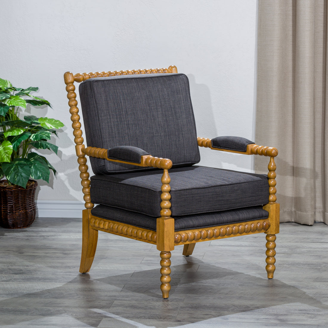 Spindle Chair, Weathered Oak, Charcoal Oak Fabric