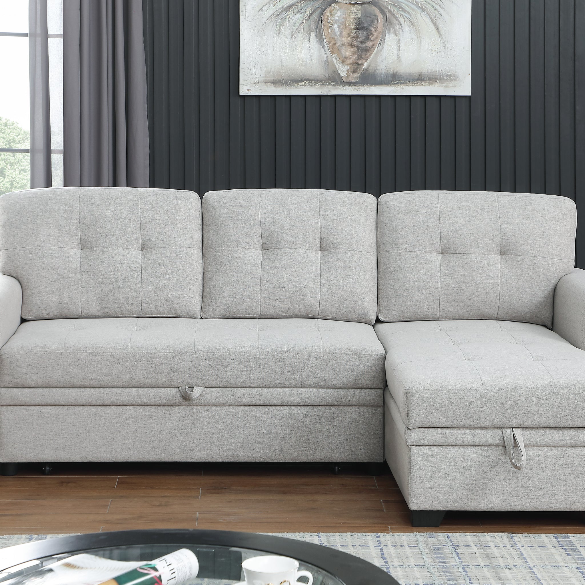 Lucca 84" Light Gray Linen Reversible Sleeper Sectional Sofa With Storage Chaise Light Gray Linen