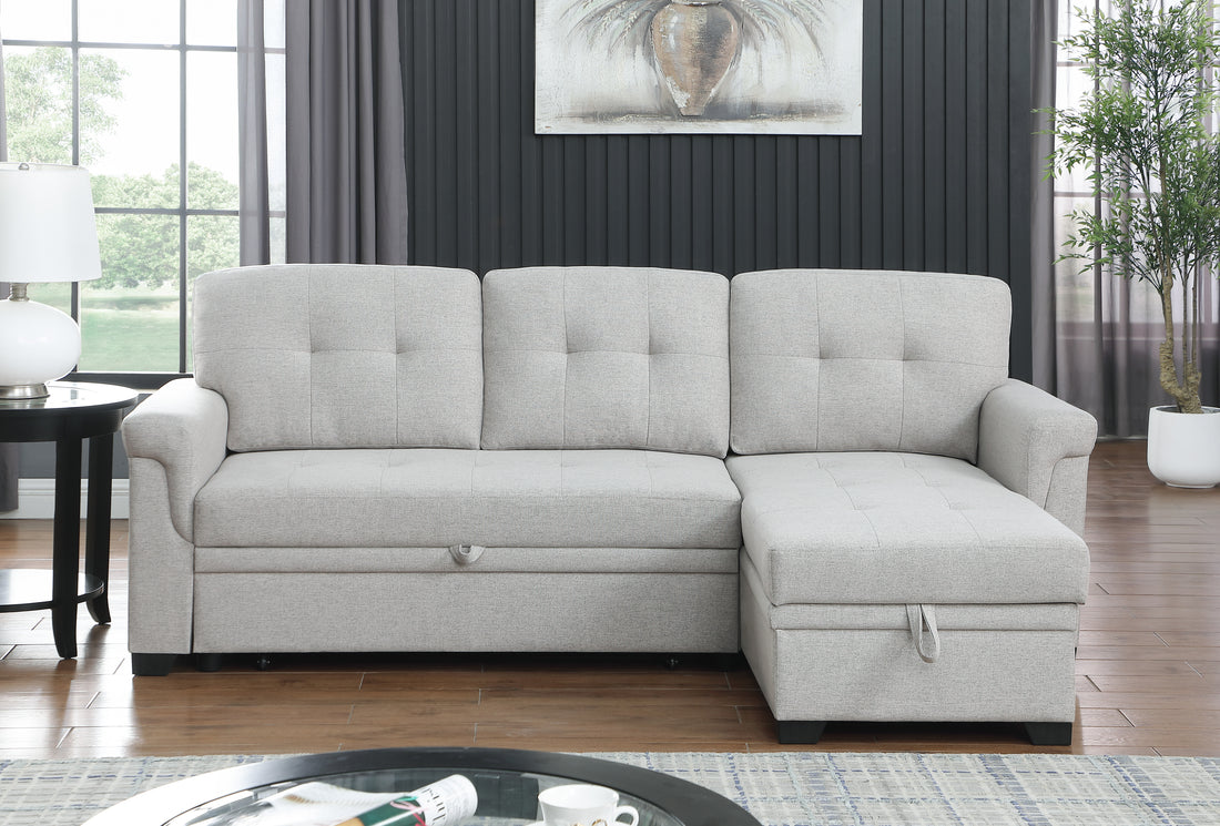 Lucca 84" Light Gray Linen Reversible Sleeper Sectional Sofa With Storage Chaise Light Gray Linen