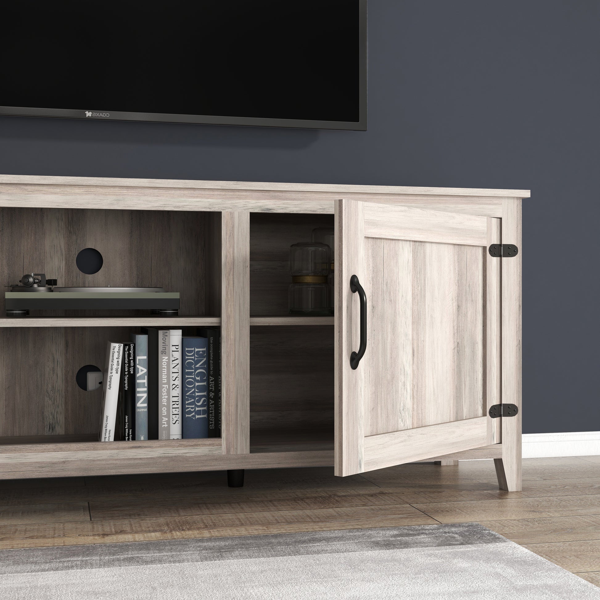 Tv Stand Storage Media Console Entertainment Center With Two Doors, Grey Walnut With Fireplace Grey 50 59 Inches Particle Board