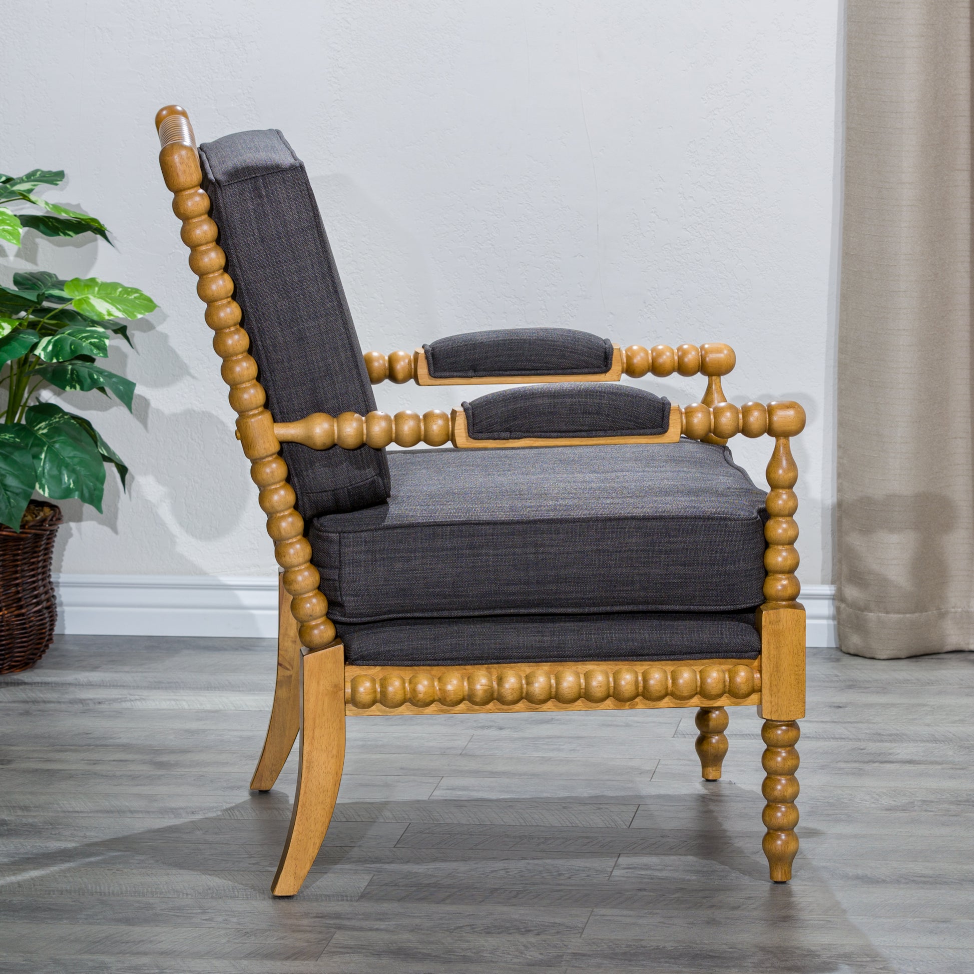 Spindle Chair, Weathered Oak, Charcoal Oak Fabric