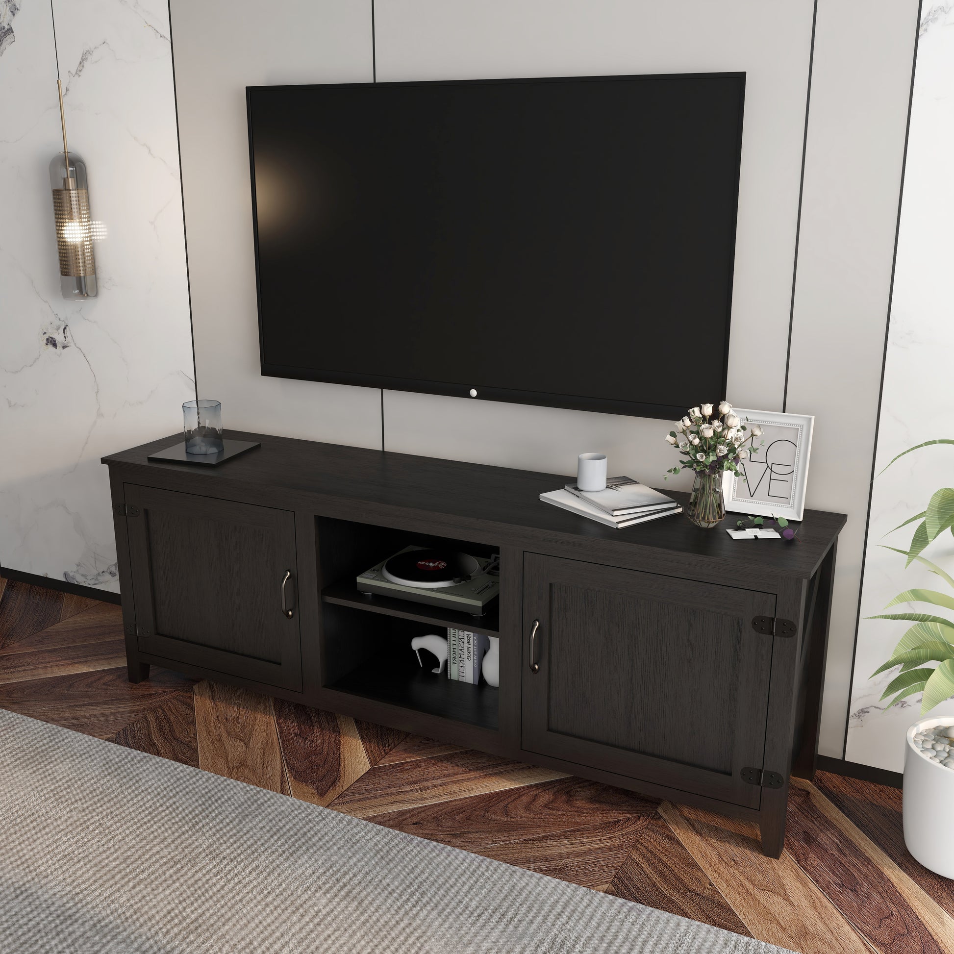 Tv Stand Storage Media Console Entertainment Center,Tradition Black,With Doors Black Particle Board