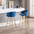 26 Inch Set Of 2 Bar Stools,With Chrome Footrest Velvet Golden Leg Simple Bar Stool,Blue Blue Foam Fabric